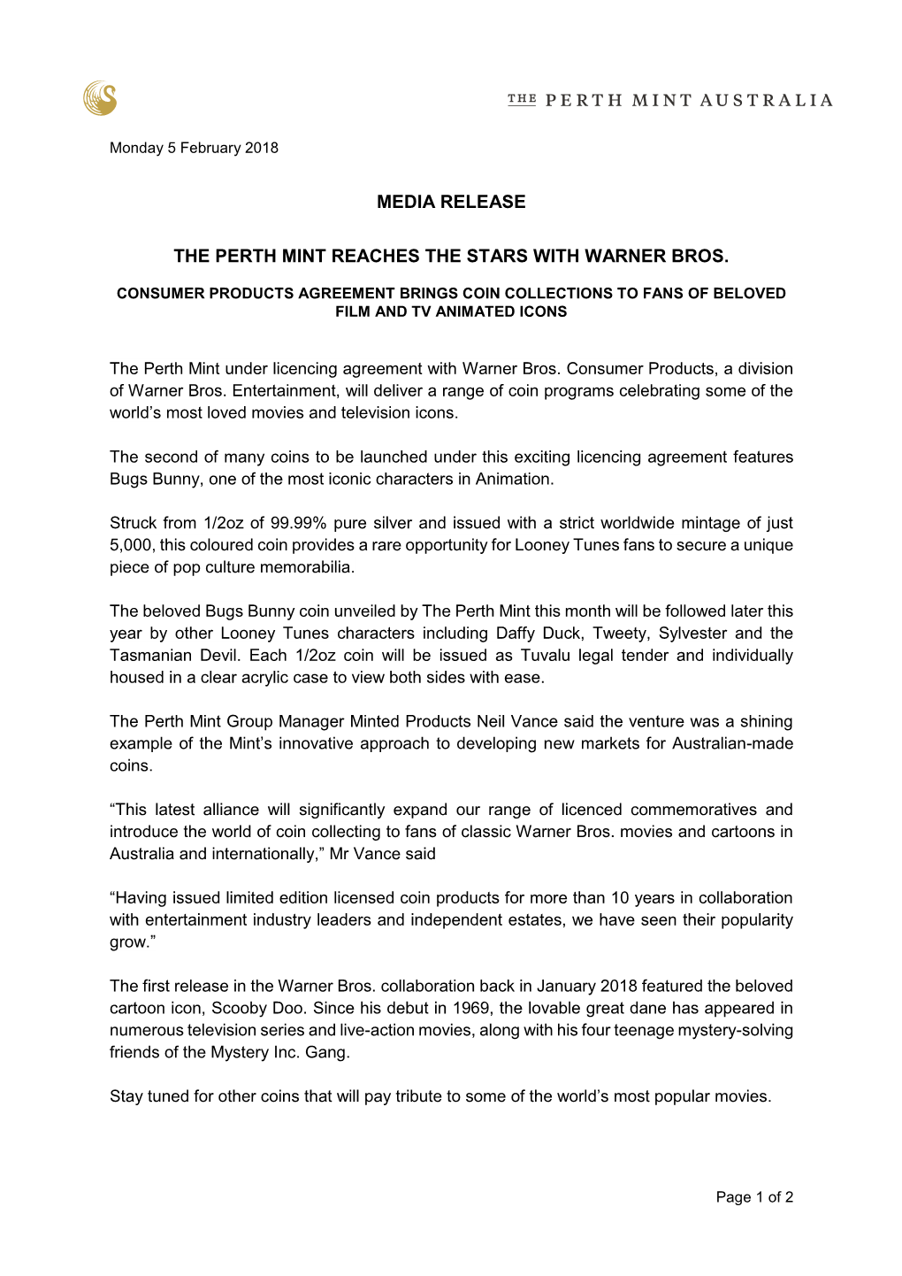 Media Release the Perth Mint Reaches the Stars With