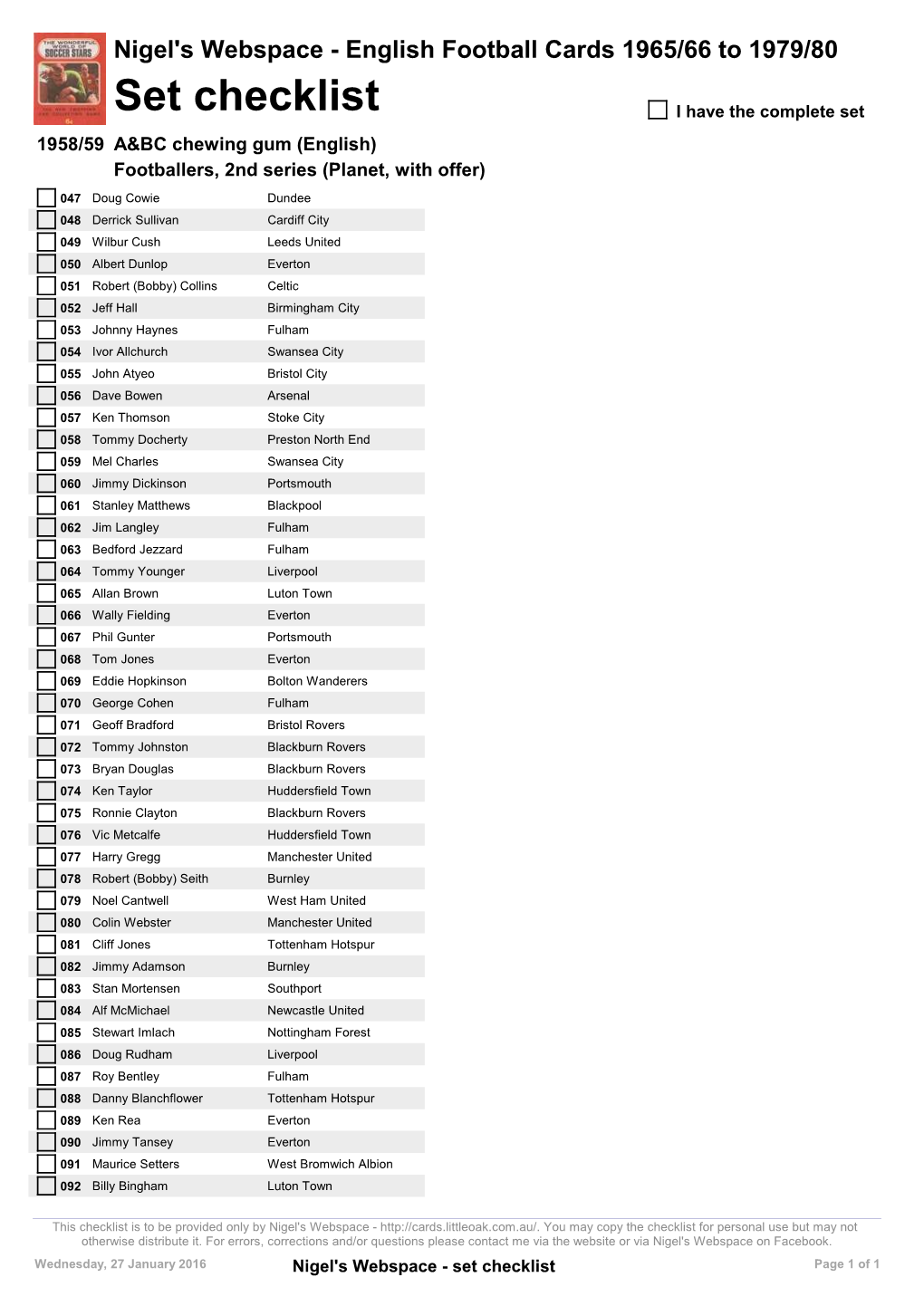 Set Checklist I Have the Complete Set 1958/59 A&BC Chewing Gum (English) Footballers, 2Nd Series (Planet, with Offer)