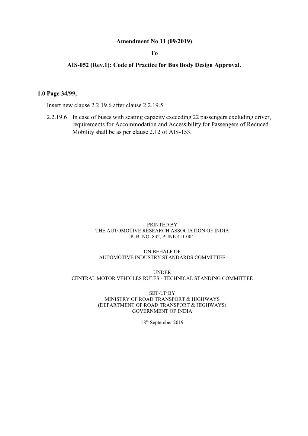 (09/2019) to AIS-052 (Rev.1): Code of Practice for Bus Body Design Approval
