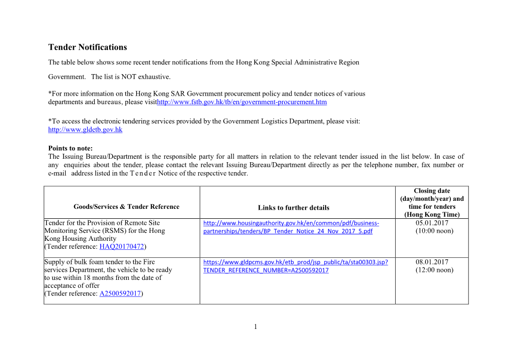 Tender Notifications the Table Below Shows Some Recent Tender Notifications from the Hong Kong Special Administrative Region Government