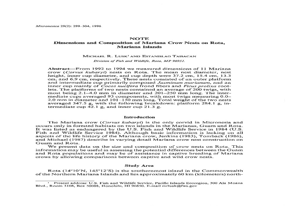 NOTE Dimensions and Composition of Mariana Crow Nests on Rota