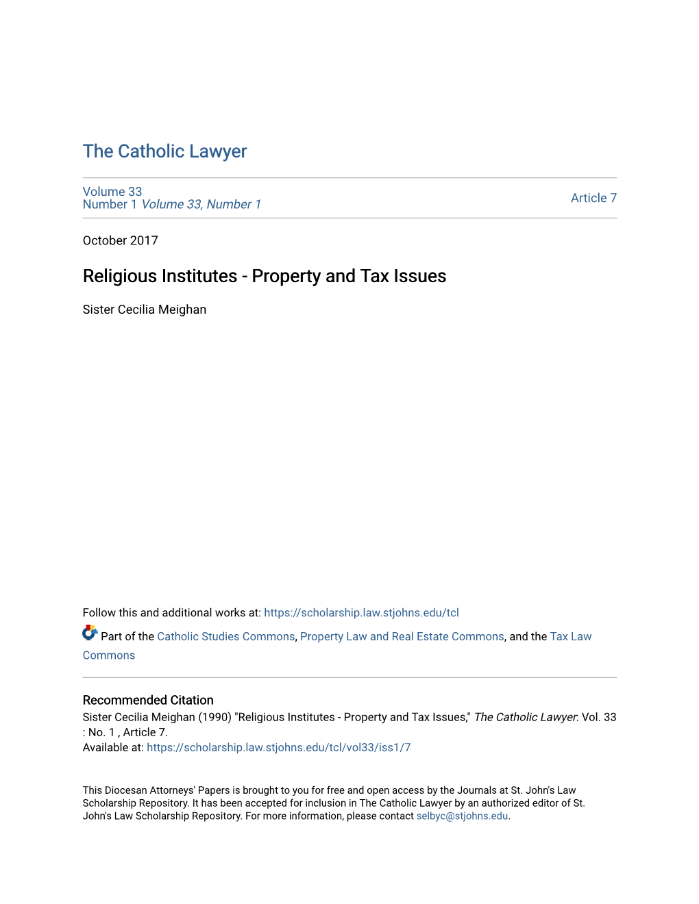 Religious Institutes - Property and Tax Issues
