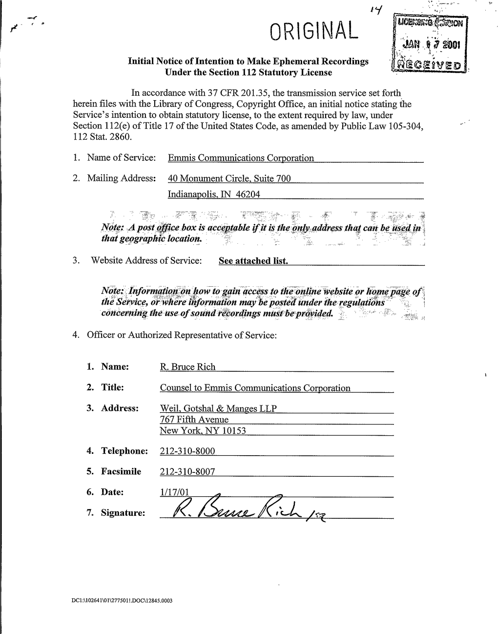 Qrli'anal N 5 J'8)Ol I Initial Notice Ofintention to Make Ephemeral Recordings 'C&Ct ~&Pg Under the Section 112 Statutory License