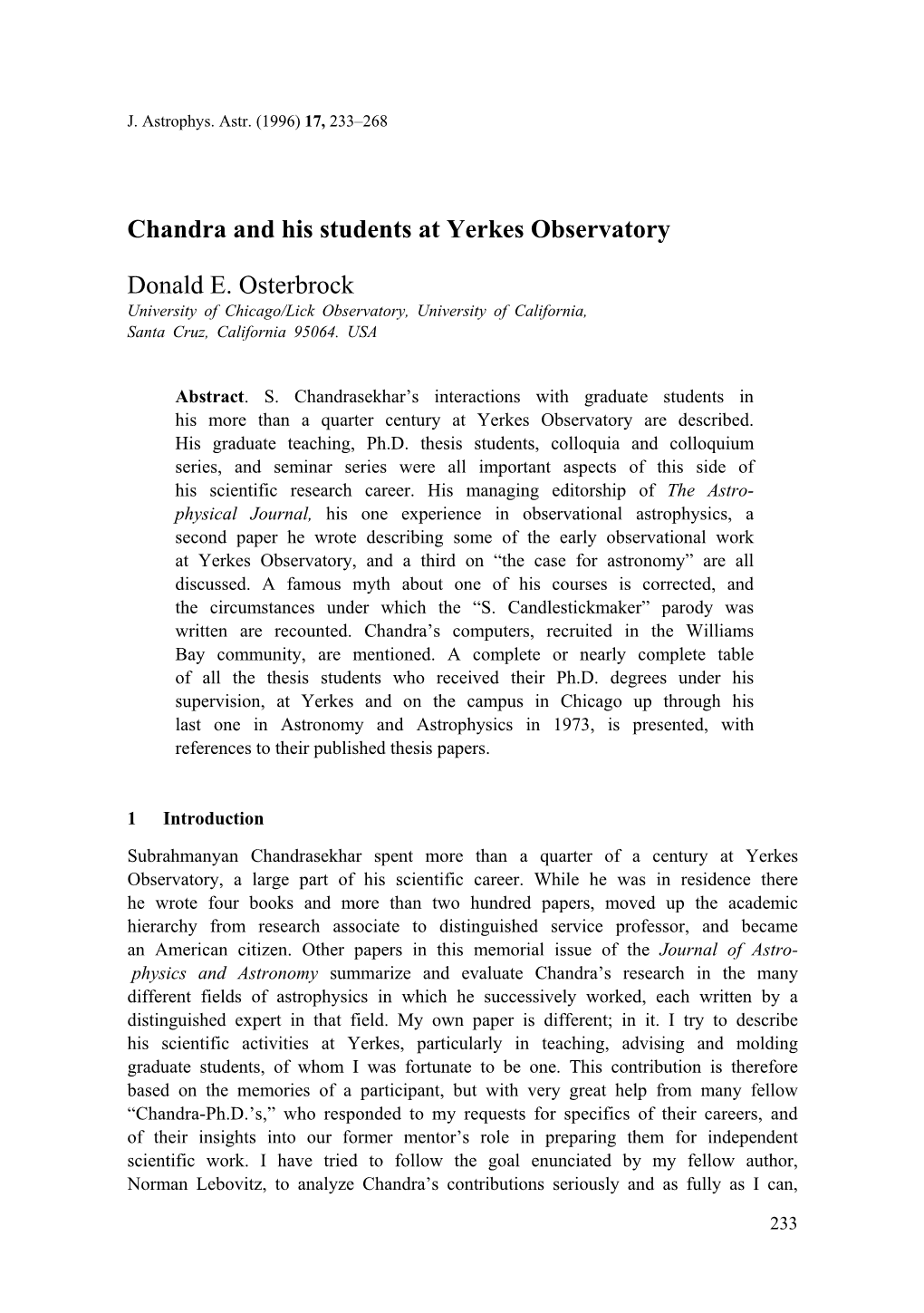 Chandra and His Students at Yerkes Observatory Donald Ε. Osterbrock