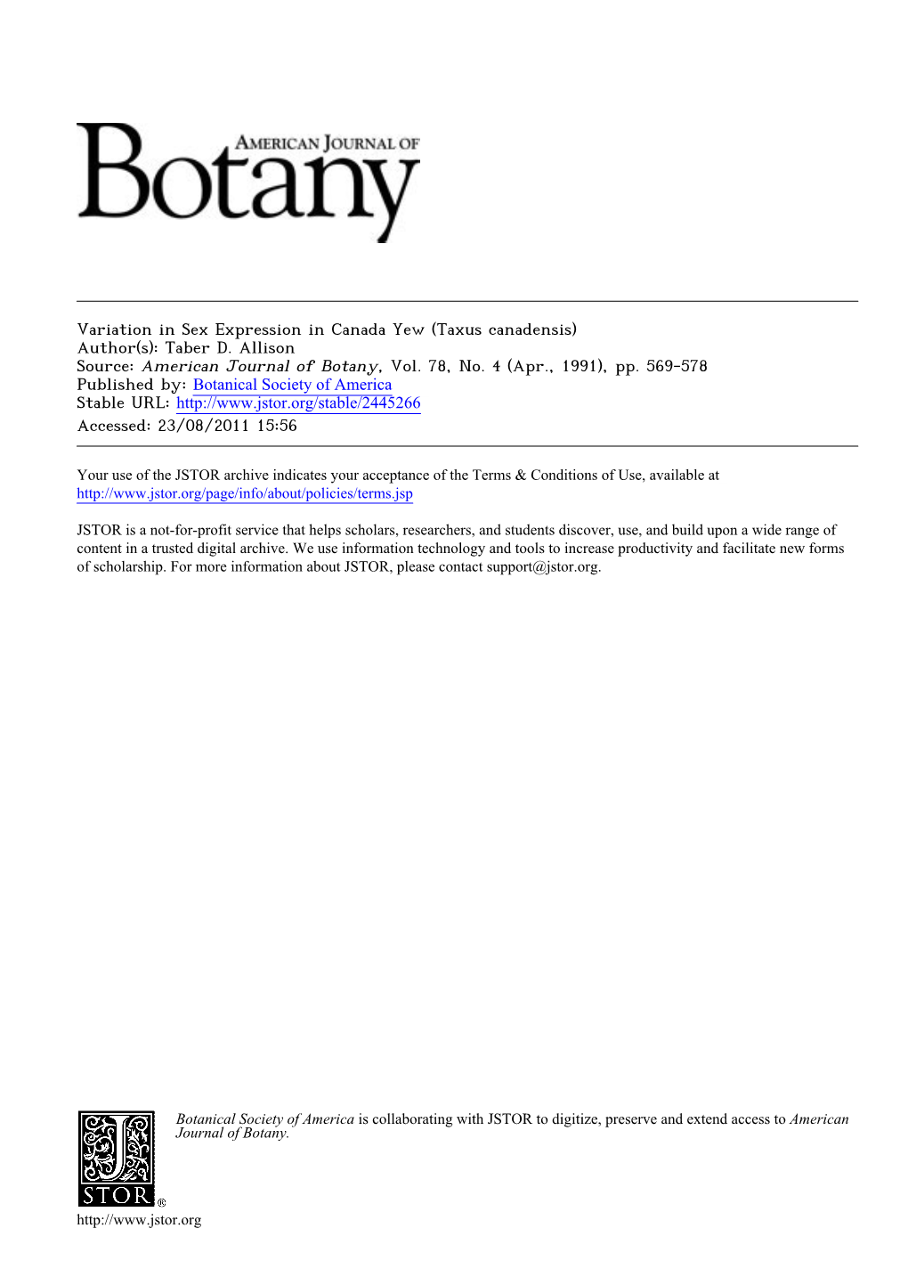 Variation in Sex Expression in Canada Yew (Taxus Canadensis) Author(S): Taber D