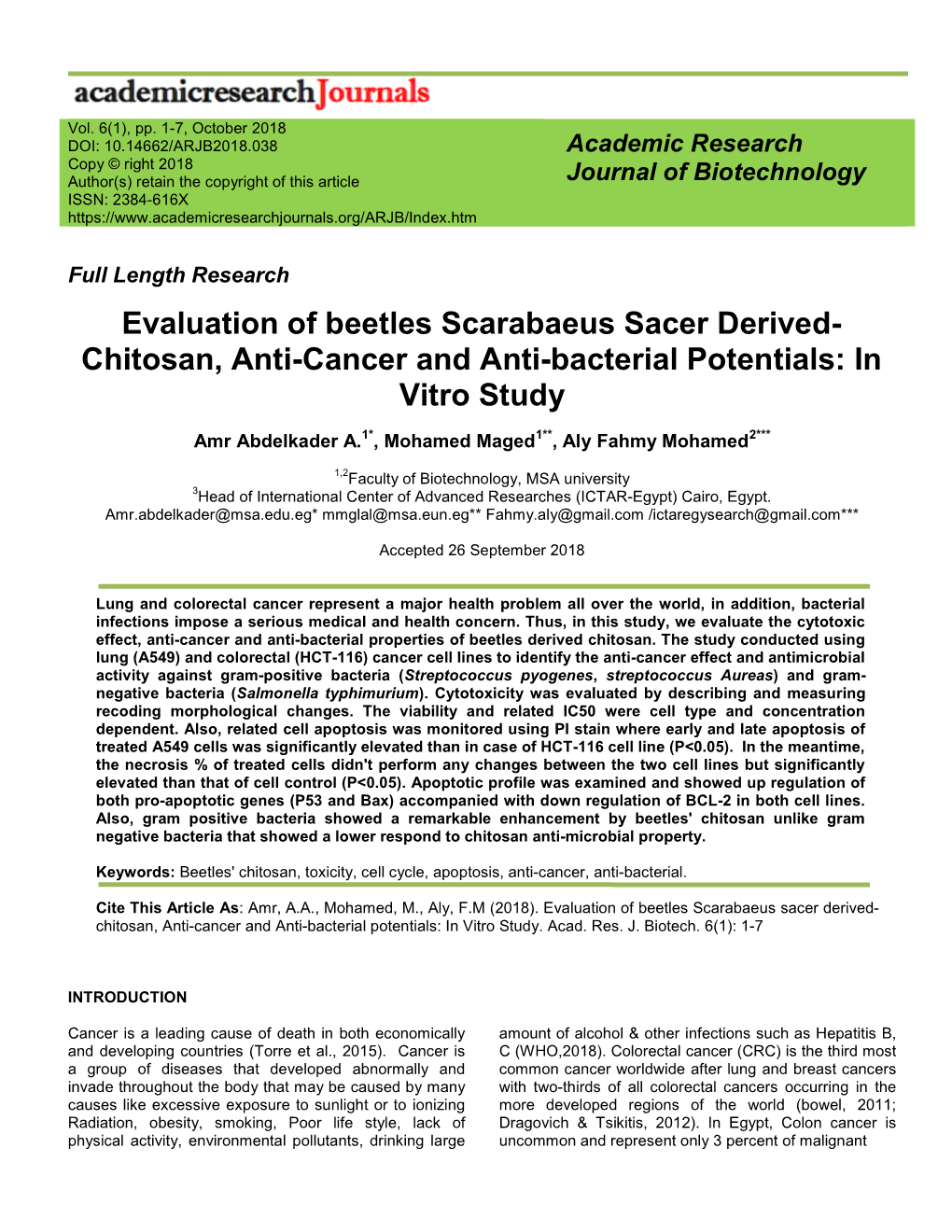 Evaluation of Beetles Scarabaeus Sacer Derived- Chitosan, Anti-Cancer and Anti-Bacterial Potentials: in Vitro Study