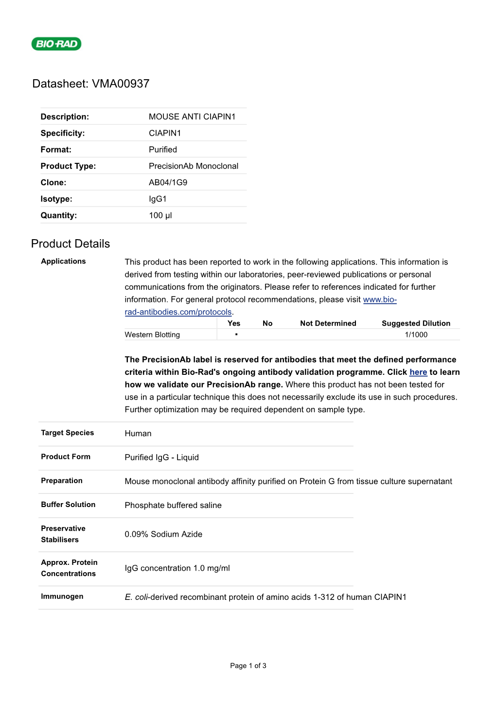 Datasheet: VMA00937 Product Details