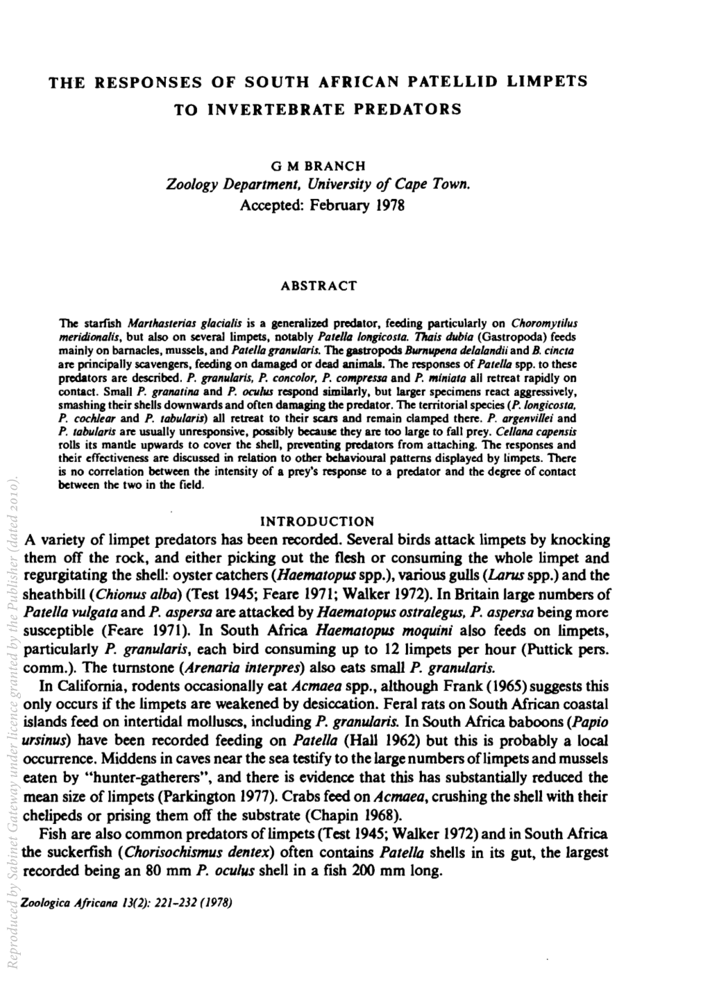 Zoology Department, University of Cape Town. Patella Vulgata and P. Aspersa Are Attacked by Haematopus Ostralegus, P. Aspersa Be