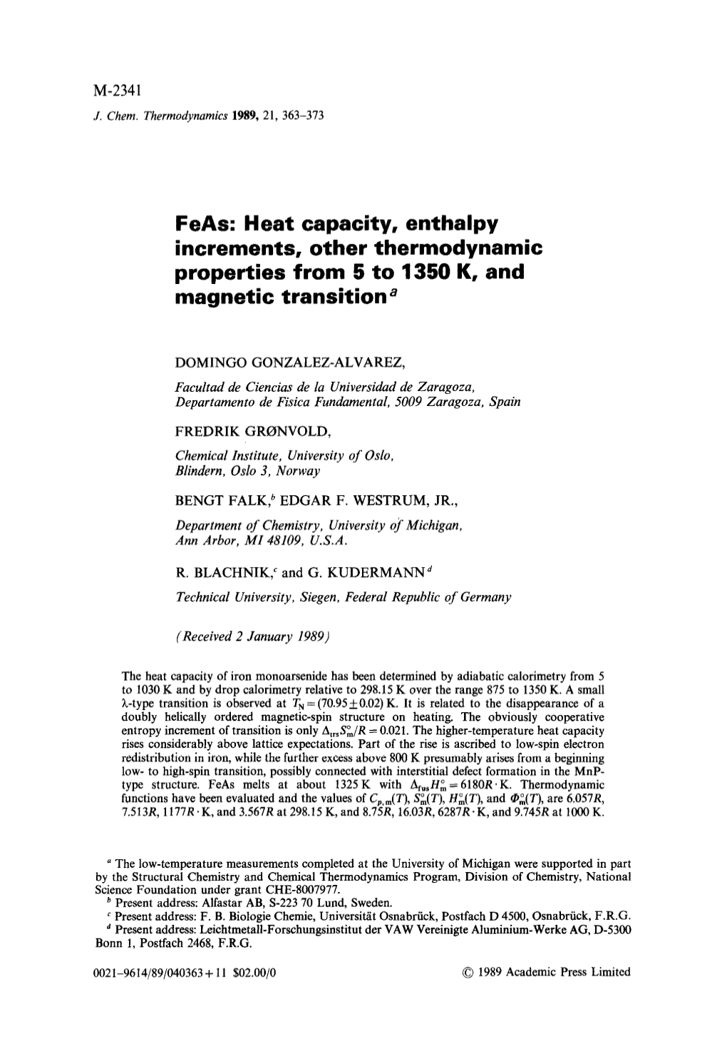 Feas: Heat Capacity, Enthalpy Increments, Other Thermodynamic Properties from 5 to 1350 K, and Magnetic Transition A