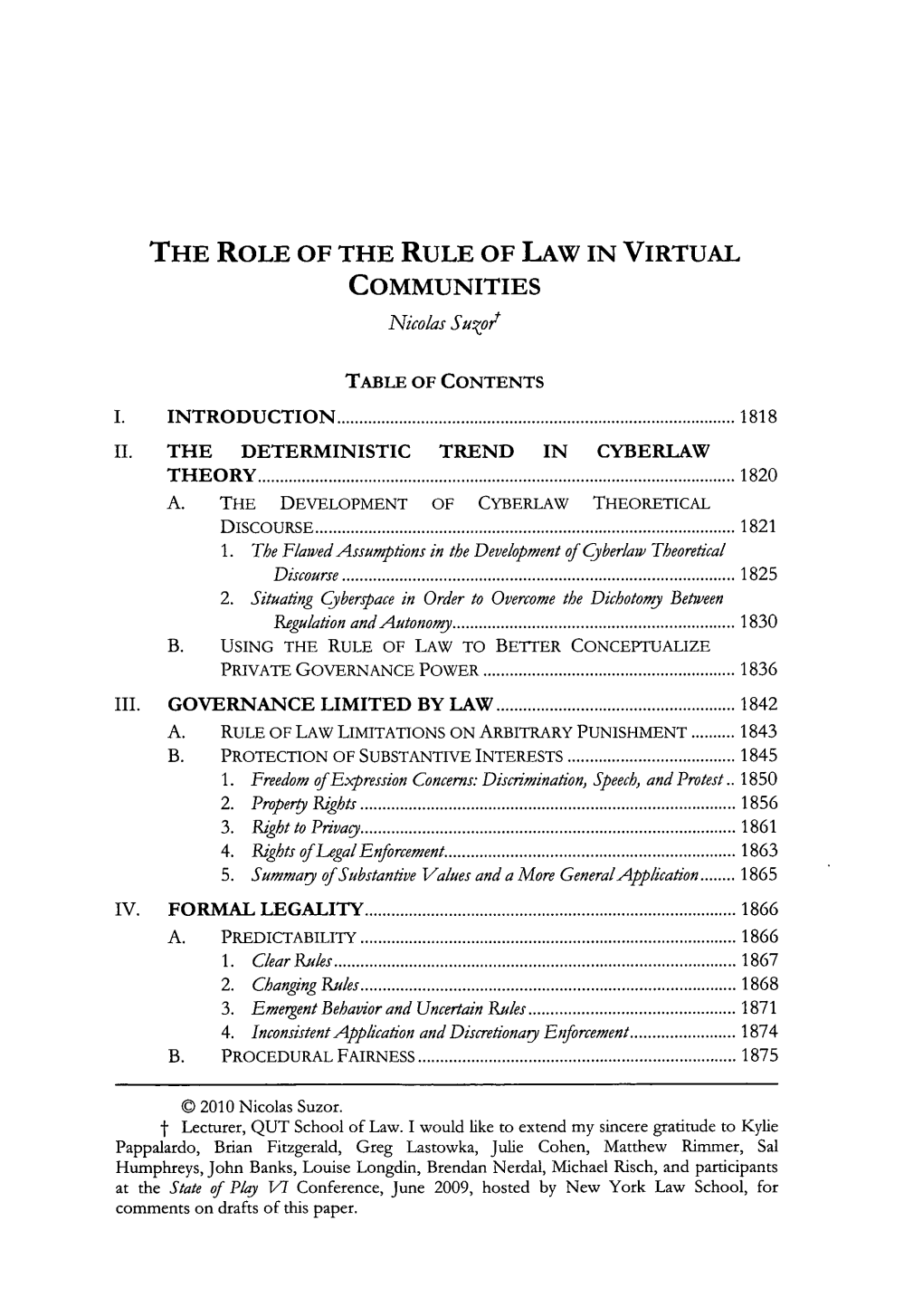 THE ROLE of the RULE of LAW in VIRTUAL COMMUNITIES Nicolas Suop