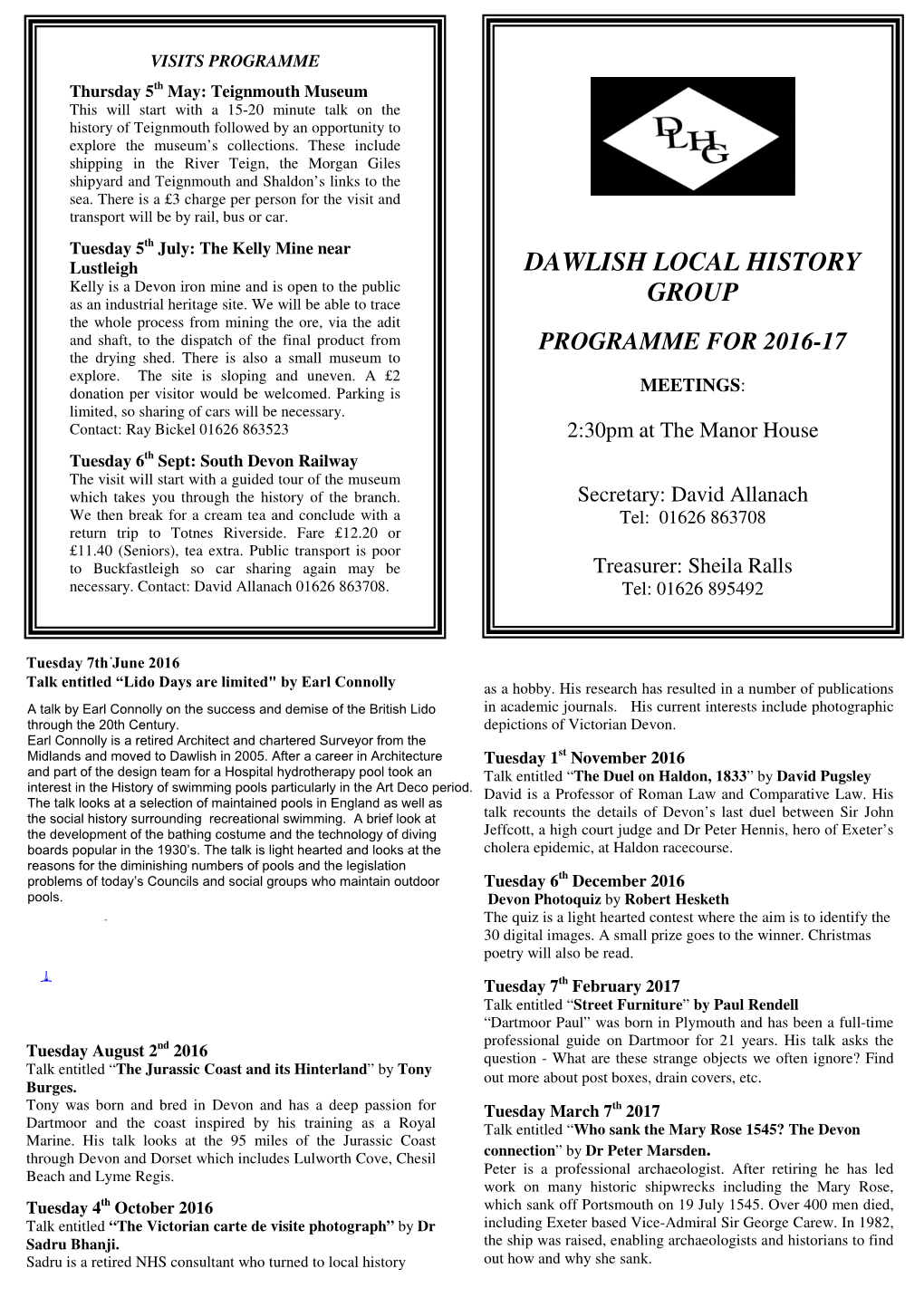 Dawlish Local History Group Programme for 2016-17