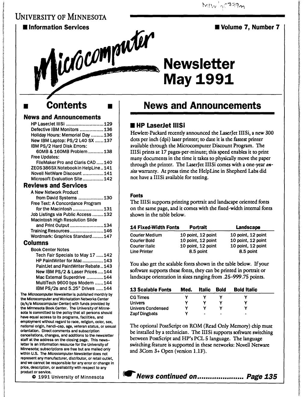 May1991 • Contents • News and Announcements News and Announcements HP Laserjet Iiisi