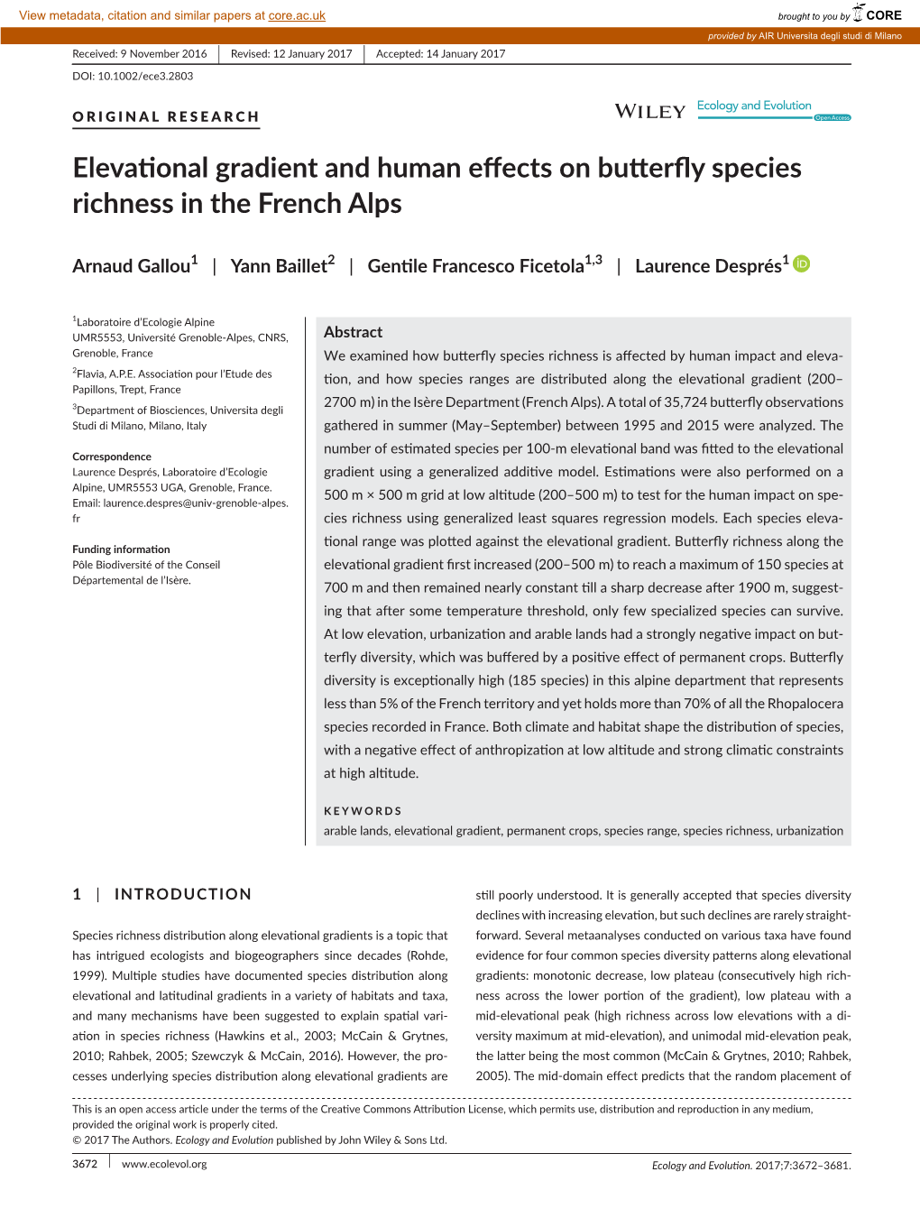 Elevational Gradient and Human Effects on Butterfly Species Richness in the French Alps