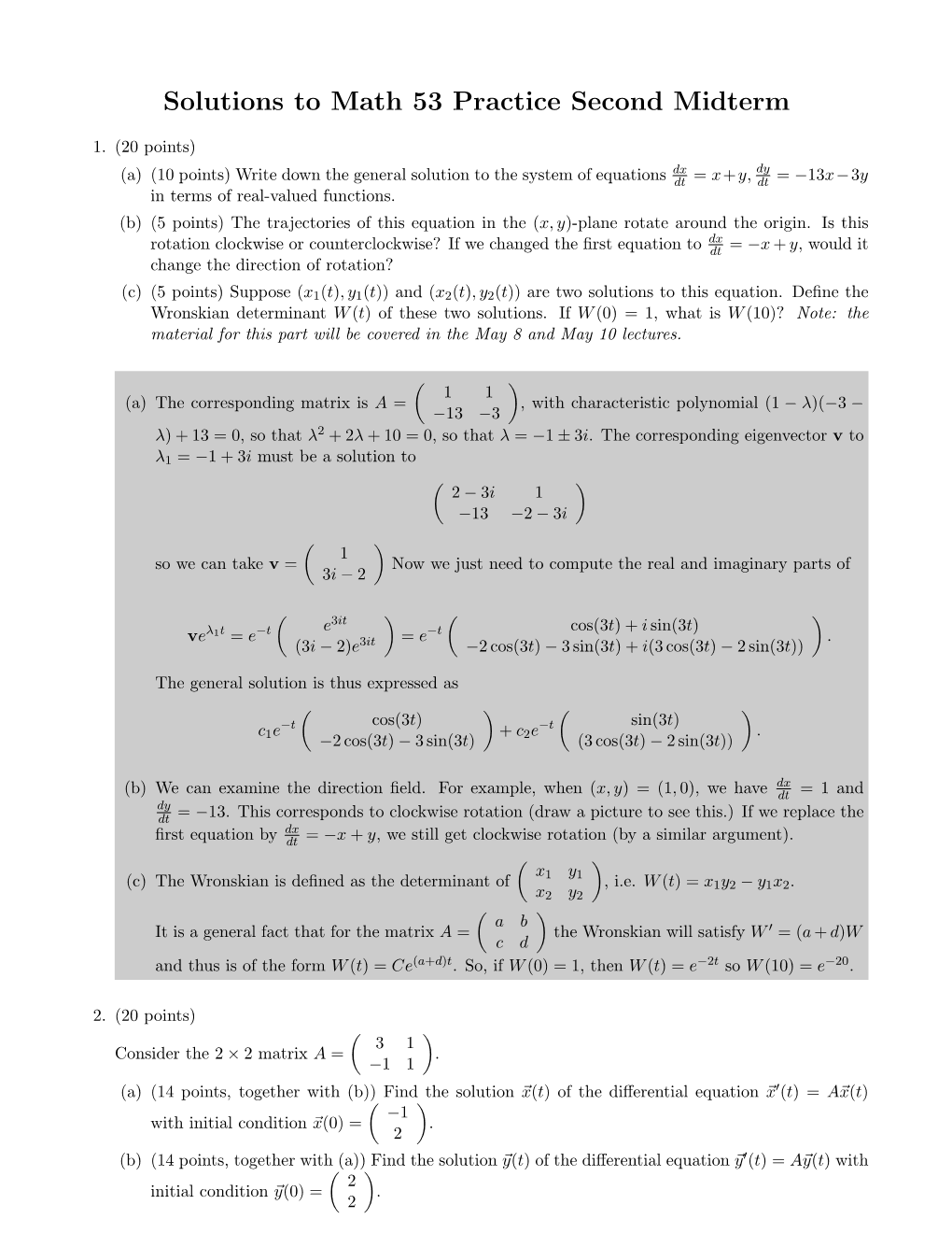 Solutions to Math 53 Practice Second Midterm