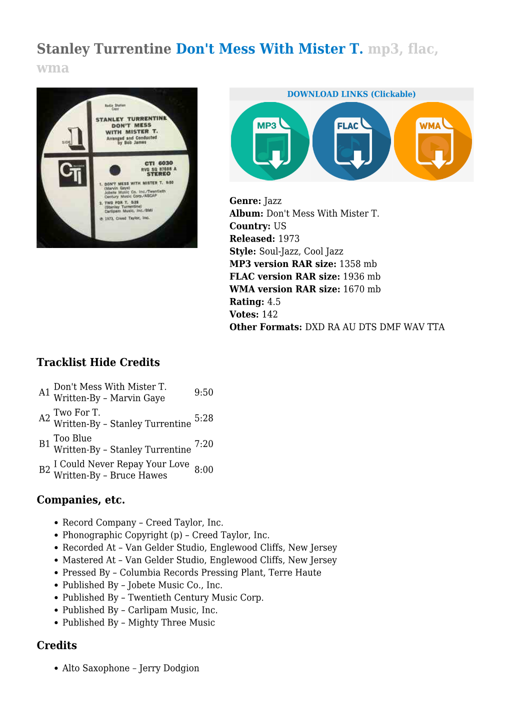 Stanley Turrentine Don't Mess with Mister T. Mp3, Flac, Wma