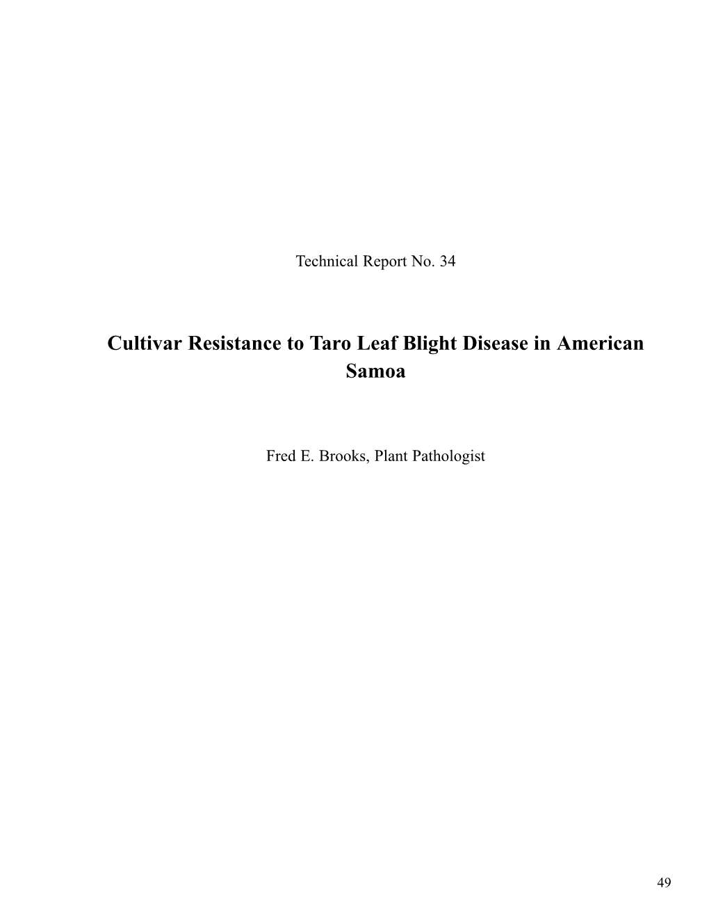 Cultivar Resistance to Taro Leaf Blight Disease in American Samoa