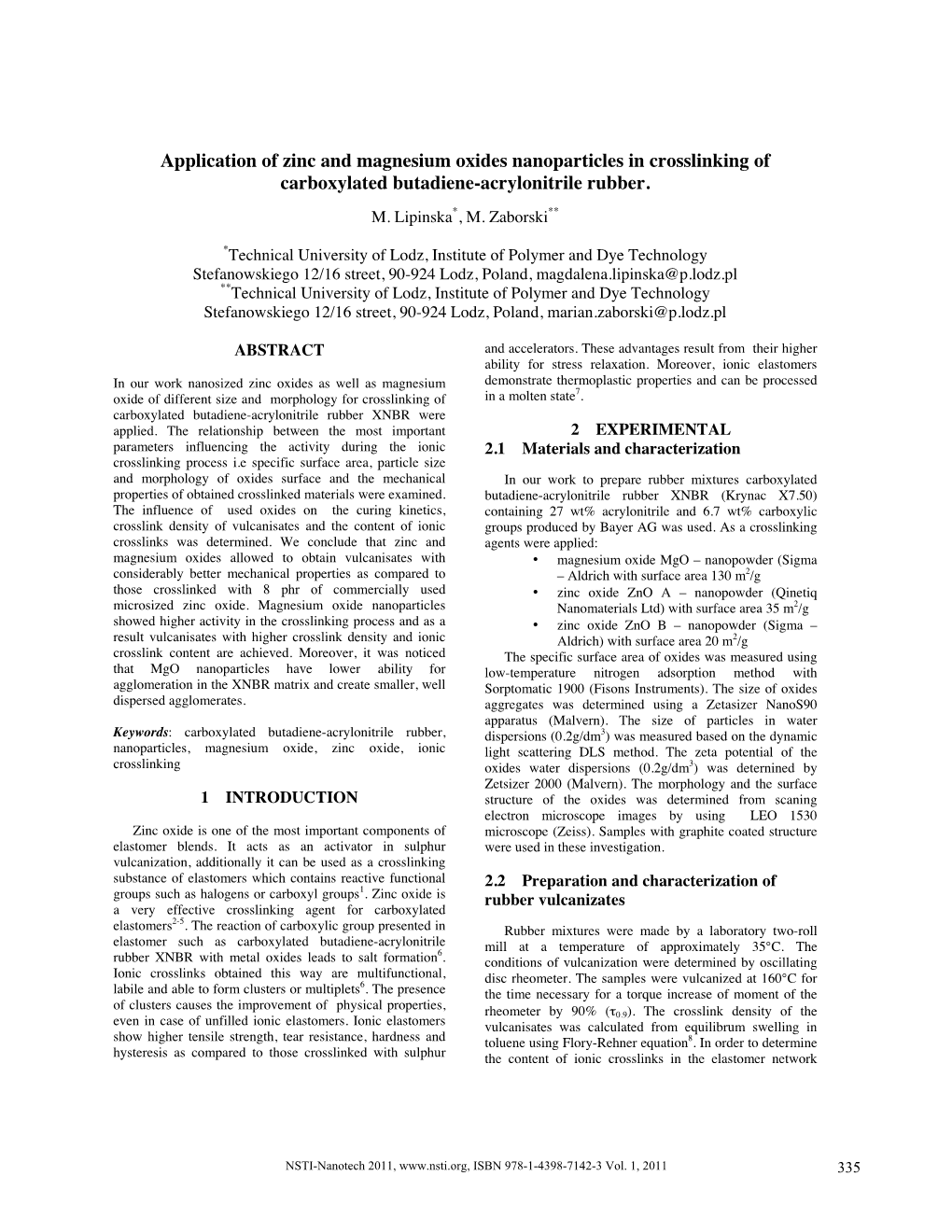 Application of Zinc and Magnesium Oxides Nanoparticles in Crosslinking of Carboxylated Butadiene-Acrylonitrile Rubber