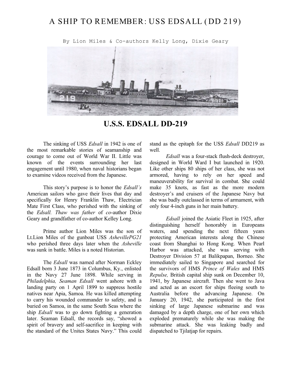 A Ship to Remember: Uss Edsall (Dd 219)