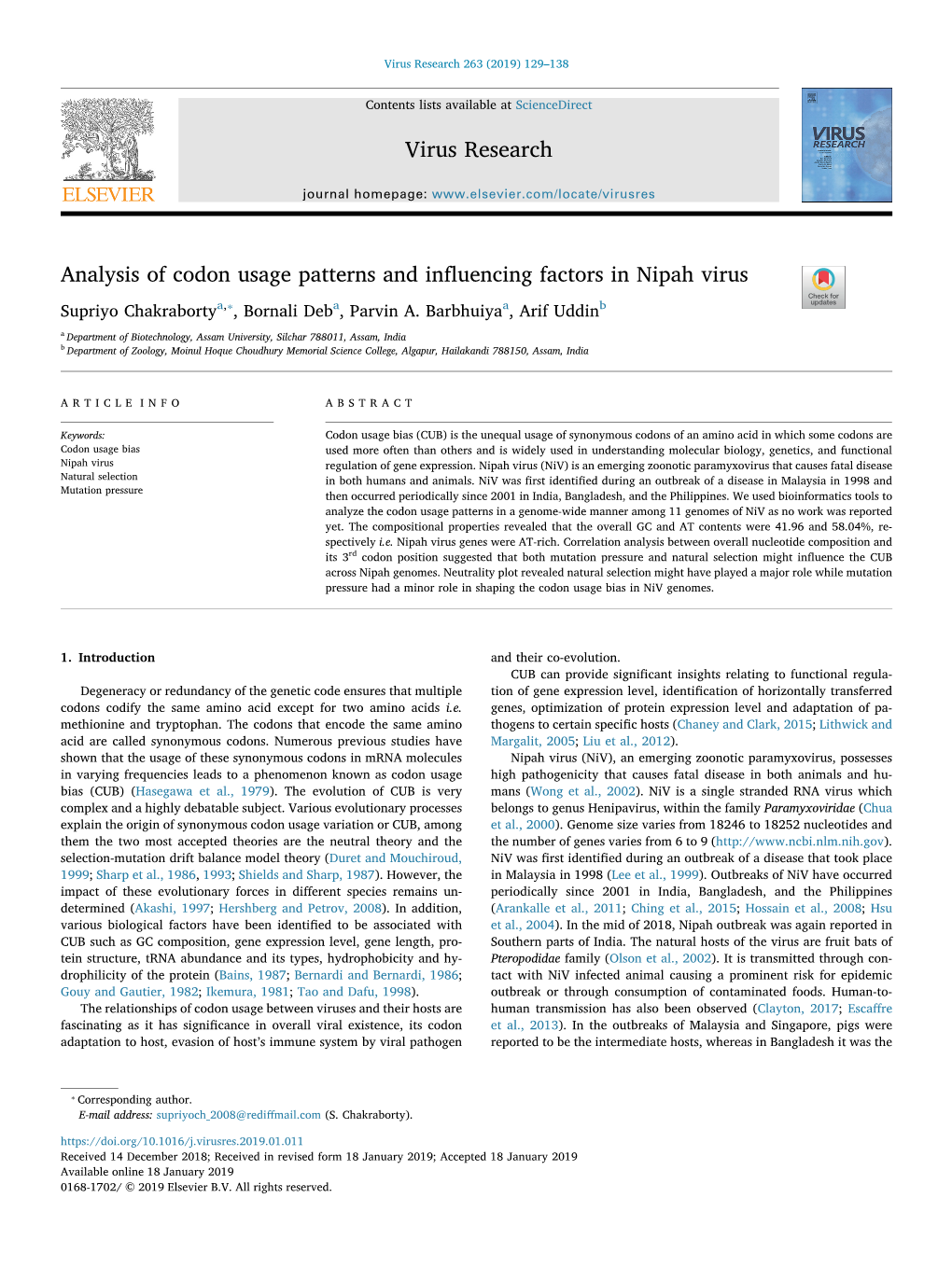 Analysis of Codon Usage Patterns and Influencing Factors in Nipah Virus