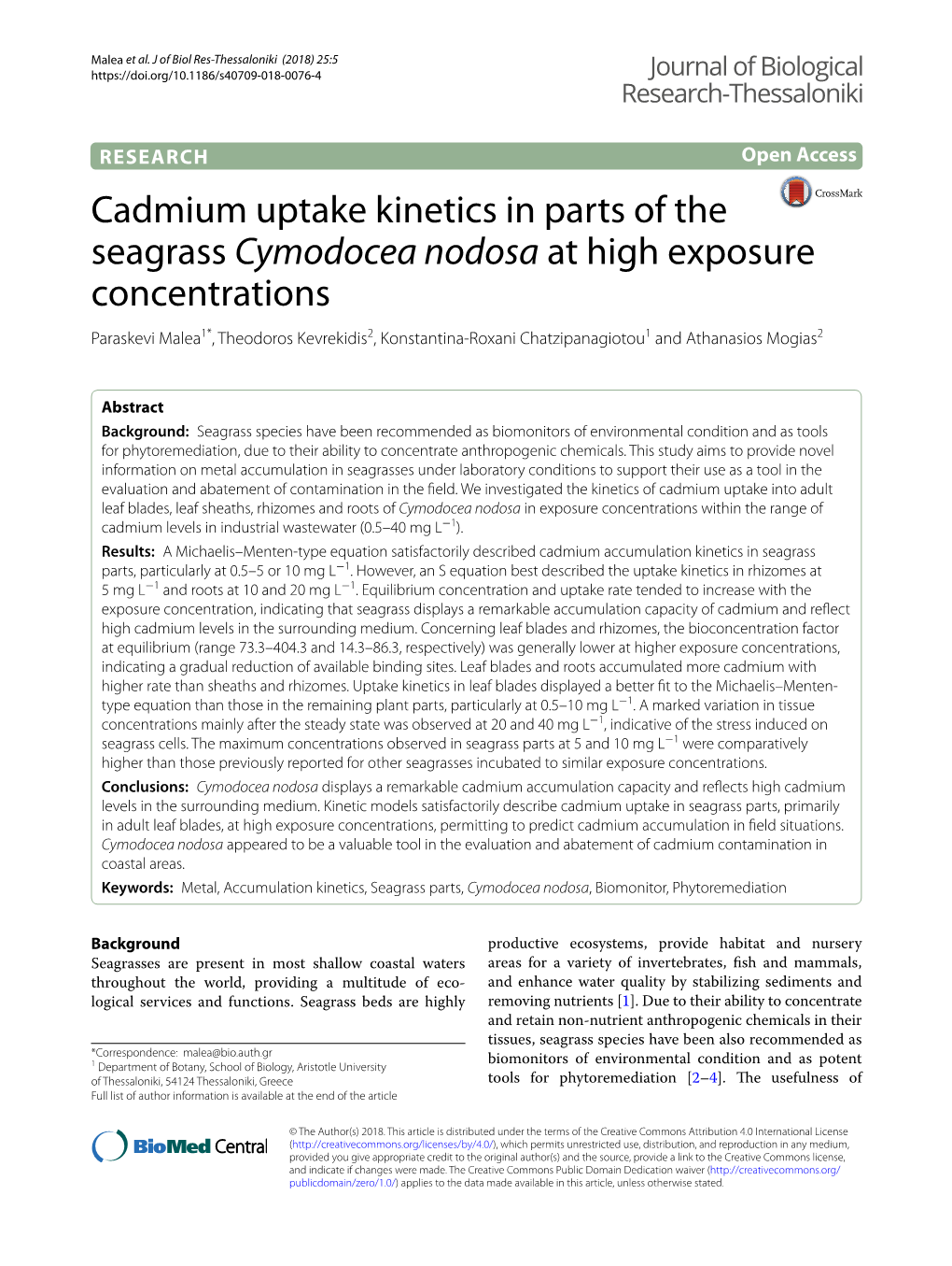 Cadmium Uptake Kinetics in Parts of the Seagrass Cymodocea Nodosa