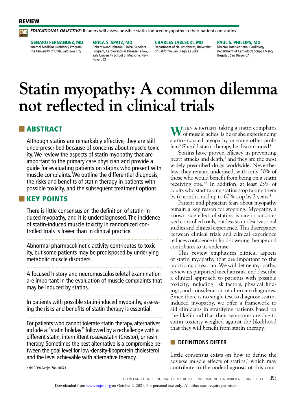 Statin Myopathy: a Common Dilemma Not Reflected in Clinical Trials