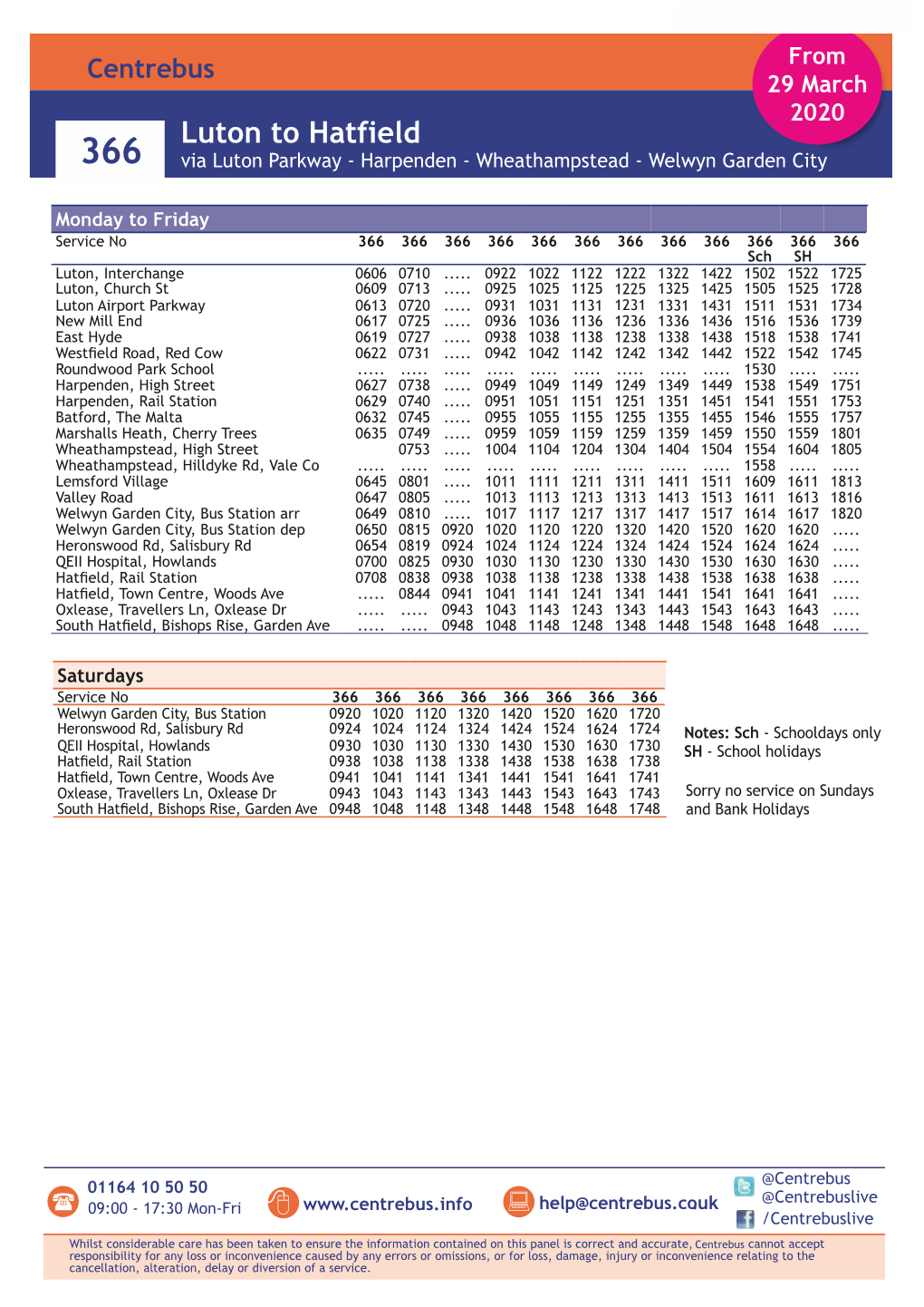 Luton to Hatfield 366 Via Luton Parkway - Harpenden - Wheathampstead - Welwyn Garden City