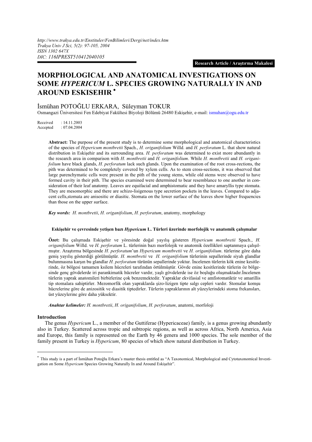 Morphological and Anatomical Investigations on Some Hypericum L