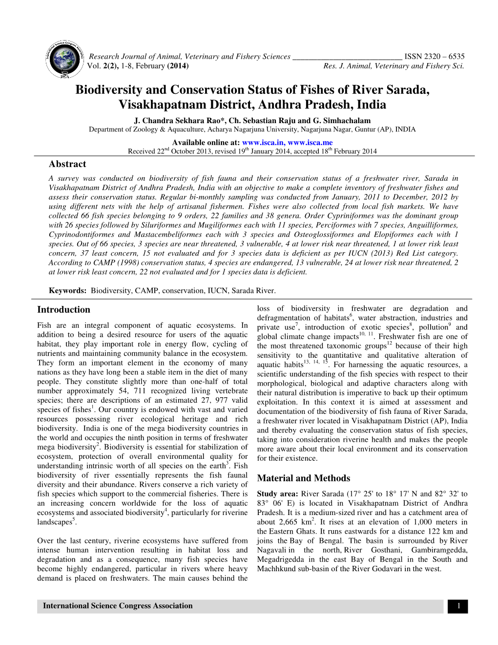 Biodiversity and Conservation Status of Fishes of River Sarada, Visakhapatnam District, Andhra Pradesh, India J