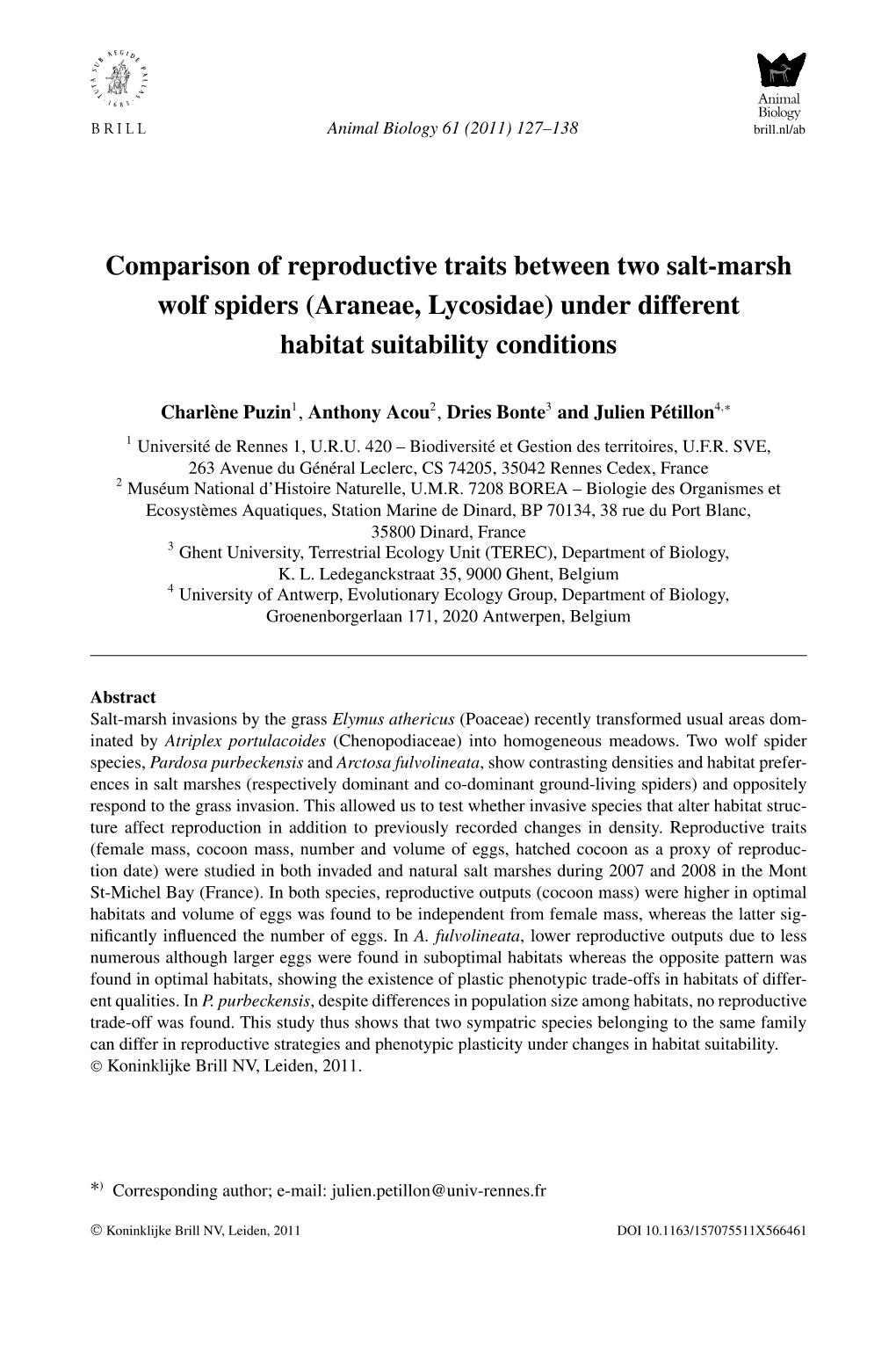 Comparison of Reproductive Traits Between Two Salt-Marsh Wolf Spiders (Araneae, Lycosidae) Under Different Habitat Suitability Conditions