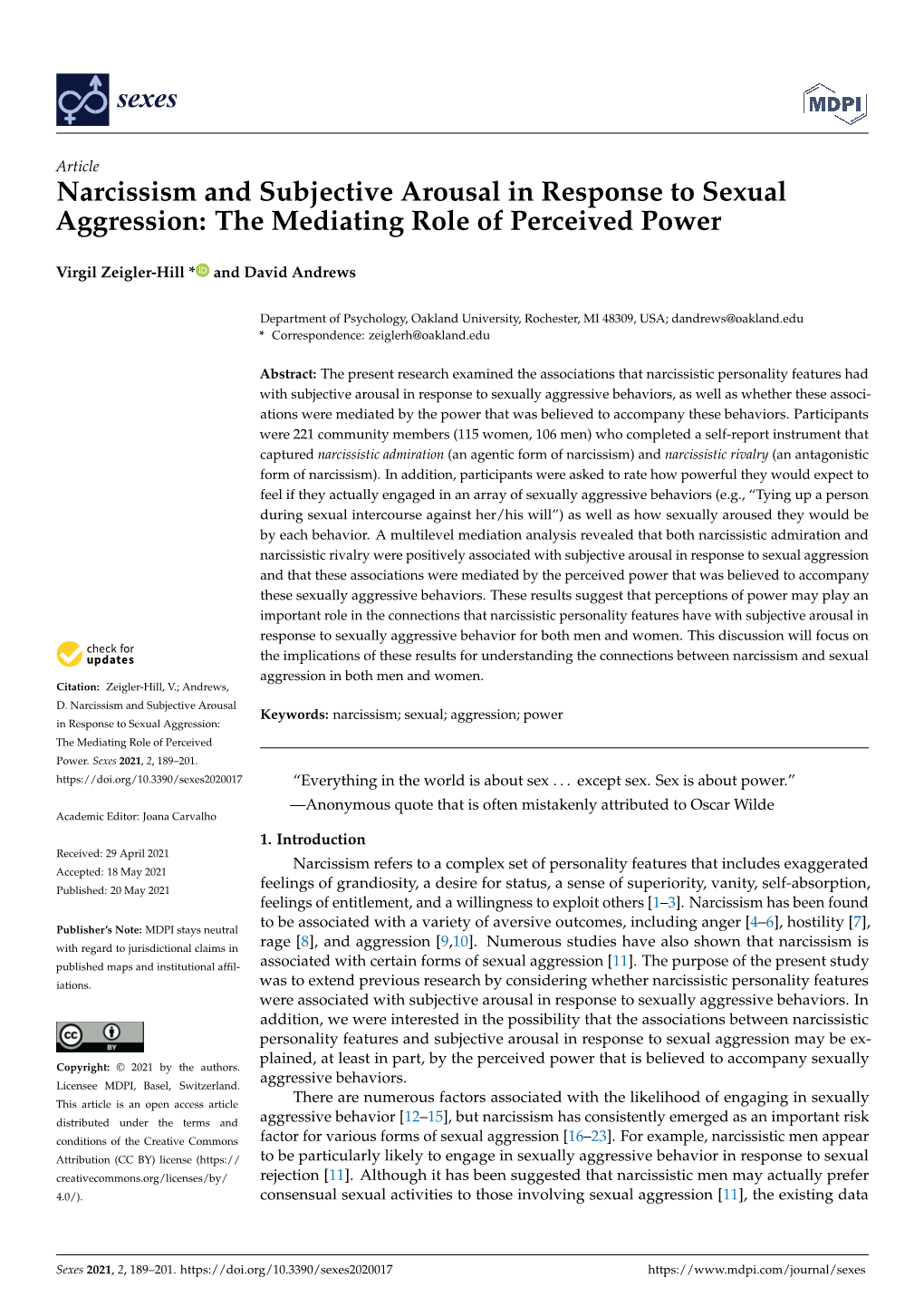 Narcissism and Subjective Arousal in Response to Sexual Aggression: the Mediating Role of Perceived Power