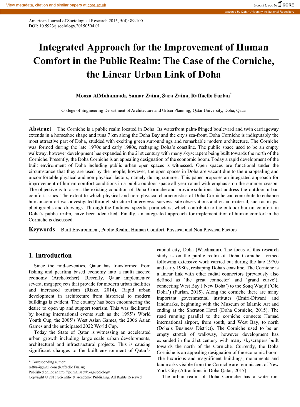 Integrated Approach for the Improvement of Human Comfort in the Public Realm: the Case of the Corniche, the Linear Urban Link of Doha