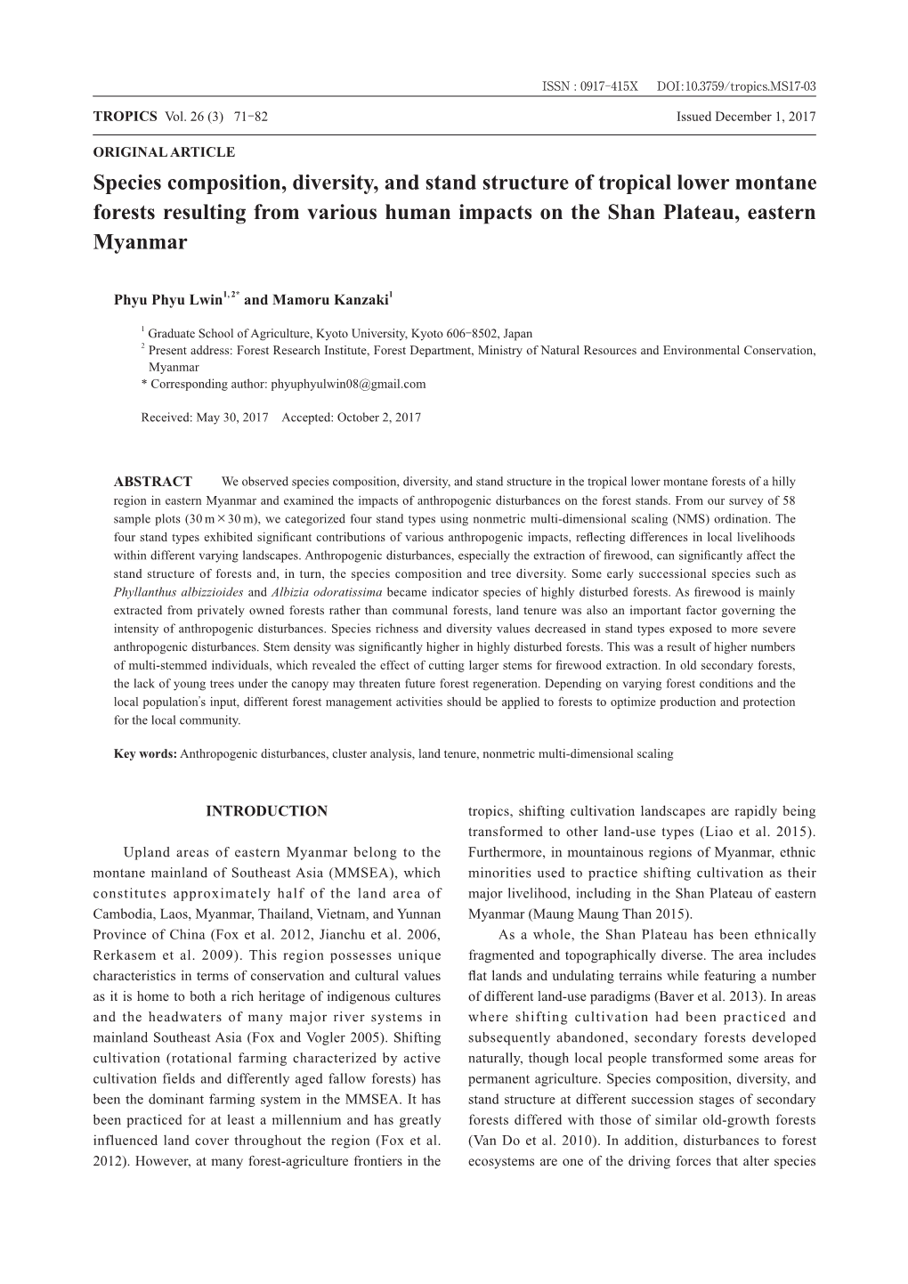 Species Composition, Diversity, and Stand Structure of Tropical Lower Montane Forests Resulting from Various Human Impacts on the Shan Plateau, Eastern Myanmar