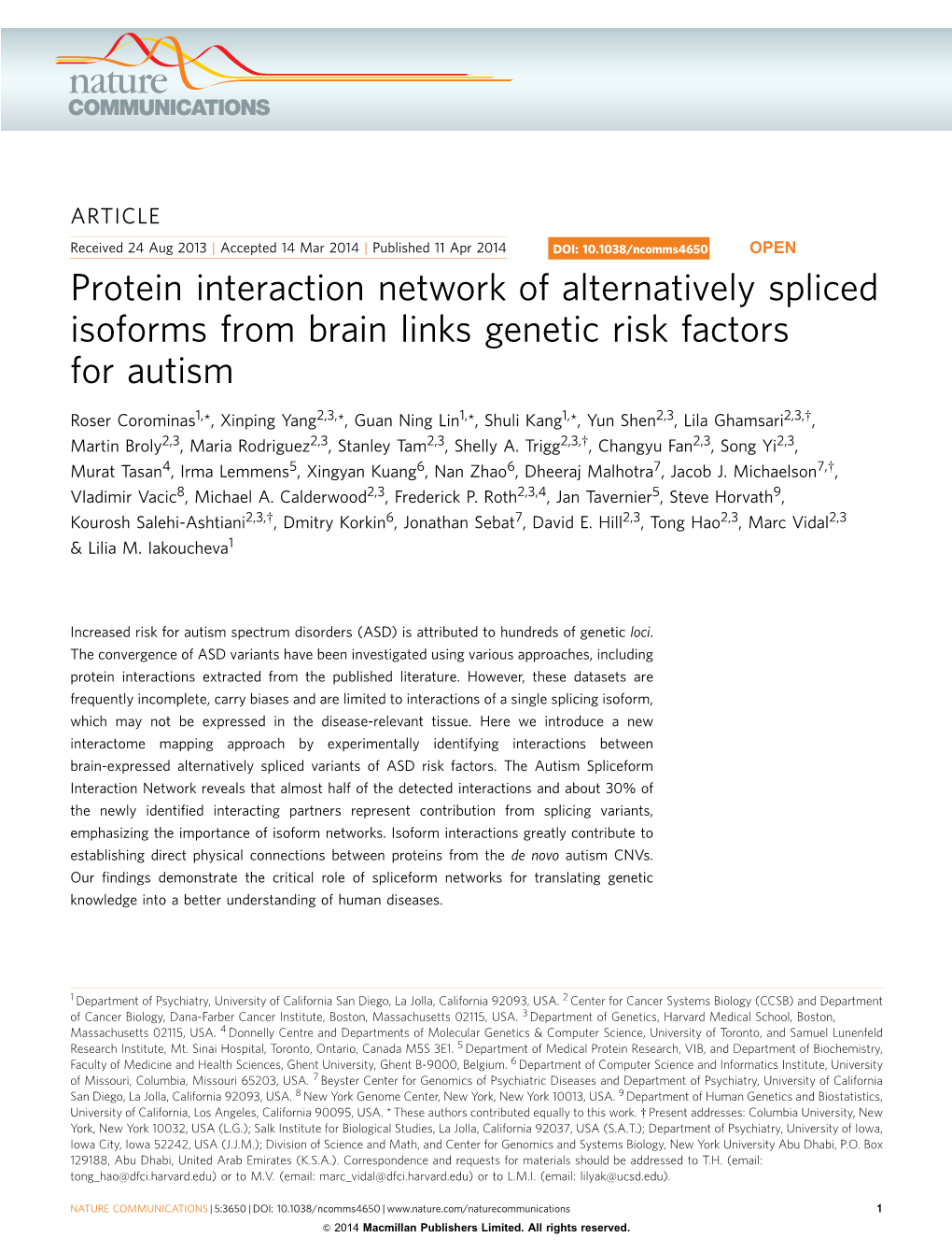 Protein Interaction Network of Alternatively Spliced Isoforms from Brain Links Genetic Risk Factors for Autism