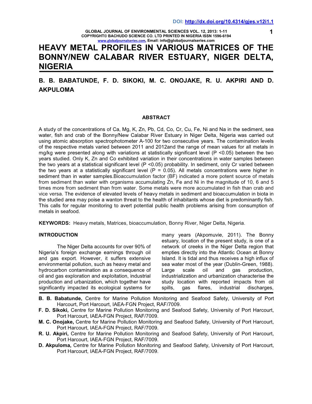 Heavy Metal Profiles in Various Matrices of the Bonny/New Calabar River Estuary, Niger Delta, Nigeria