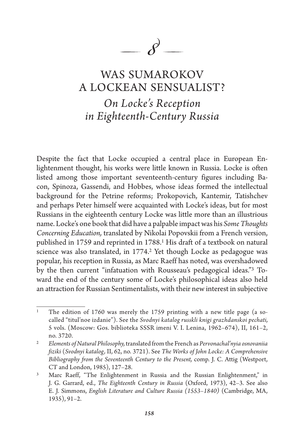 WAS SUMAROKOV a LOCKEAN SENSUALIST? on Locke's Reception in Eighteenth-Century Russia