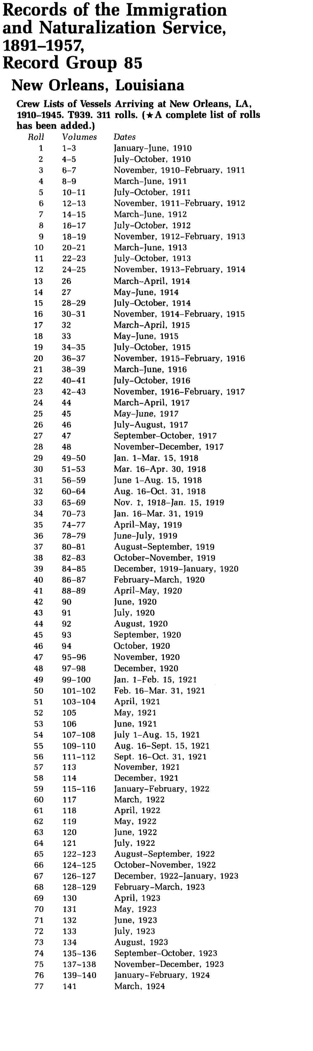 Records of the Immigration and Naturalization Service, 1891-1957, Record Group 85 New Orleans, Louisiana Crew Lists of Vessels Arriving at New Orleans, LA, 1910-1945