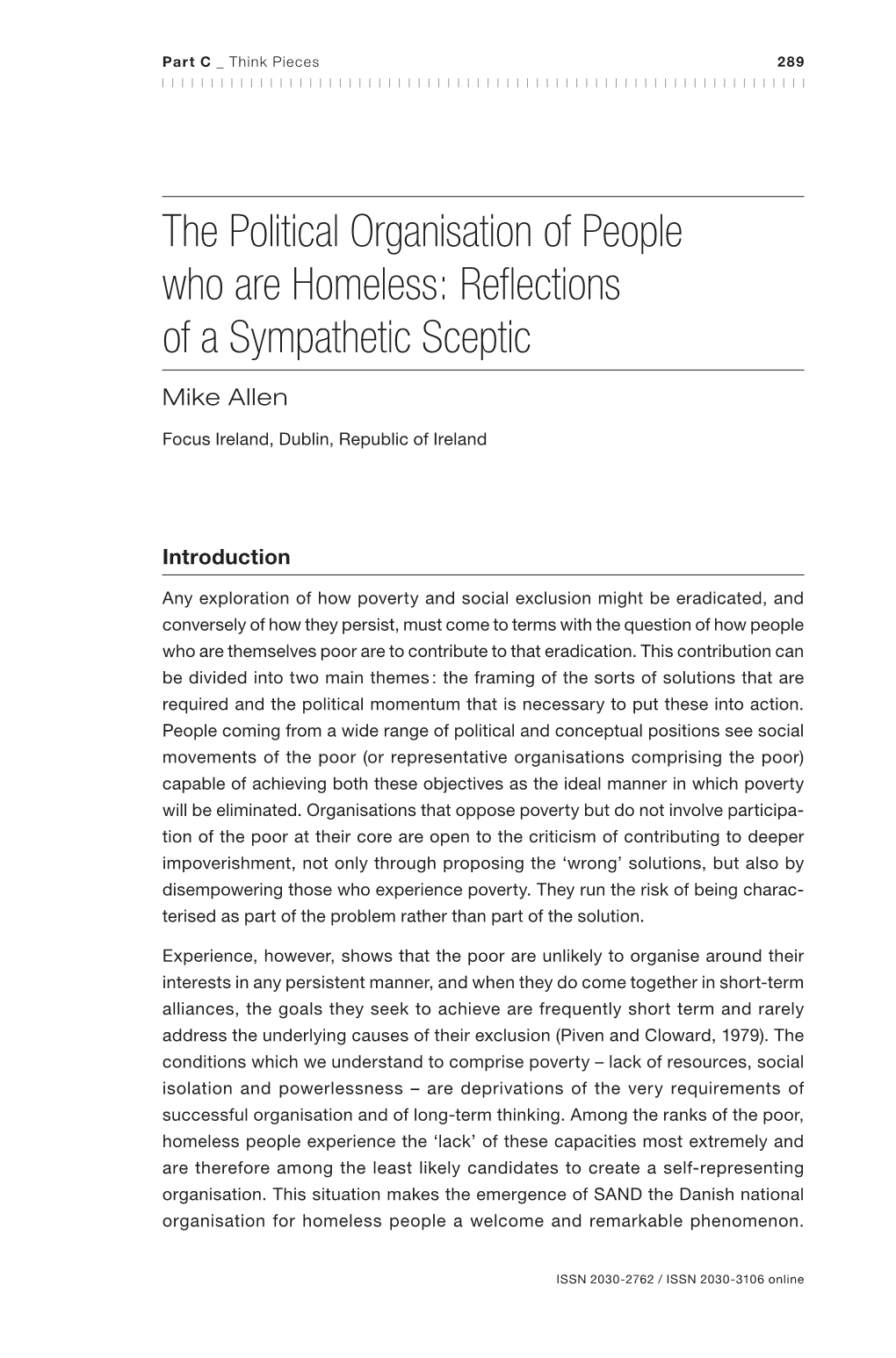 The Political Organisation of People Who Are Homeless: Reflections of a Sympathetic Sceptic