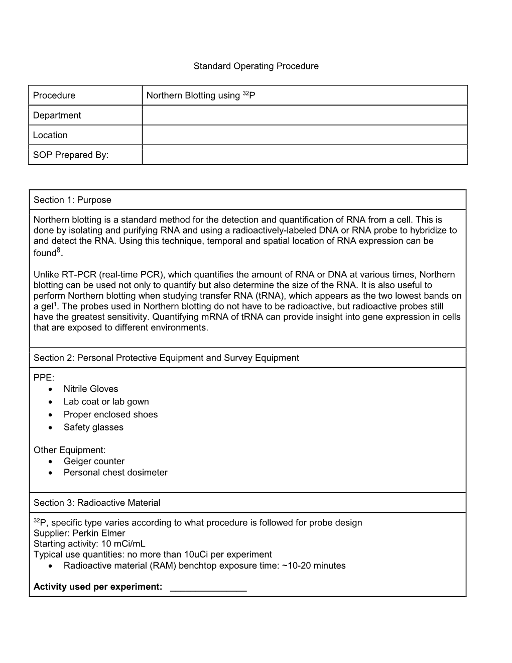 SOP Template Northern Blotting with P-32