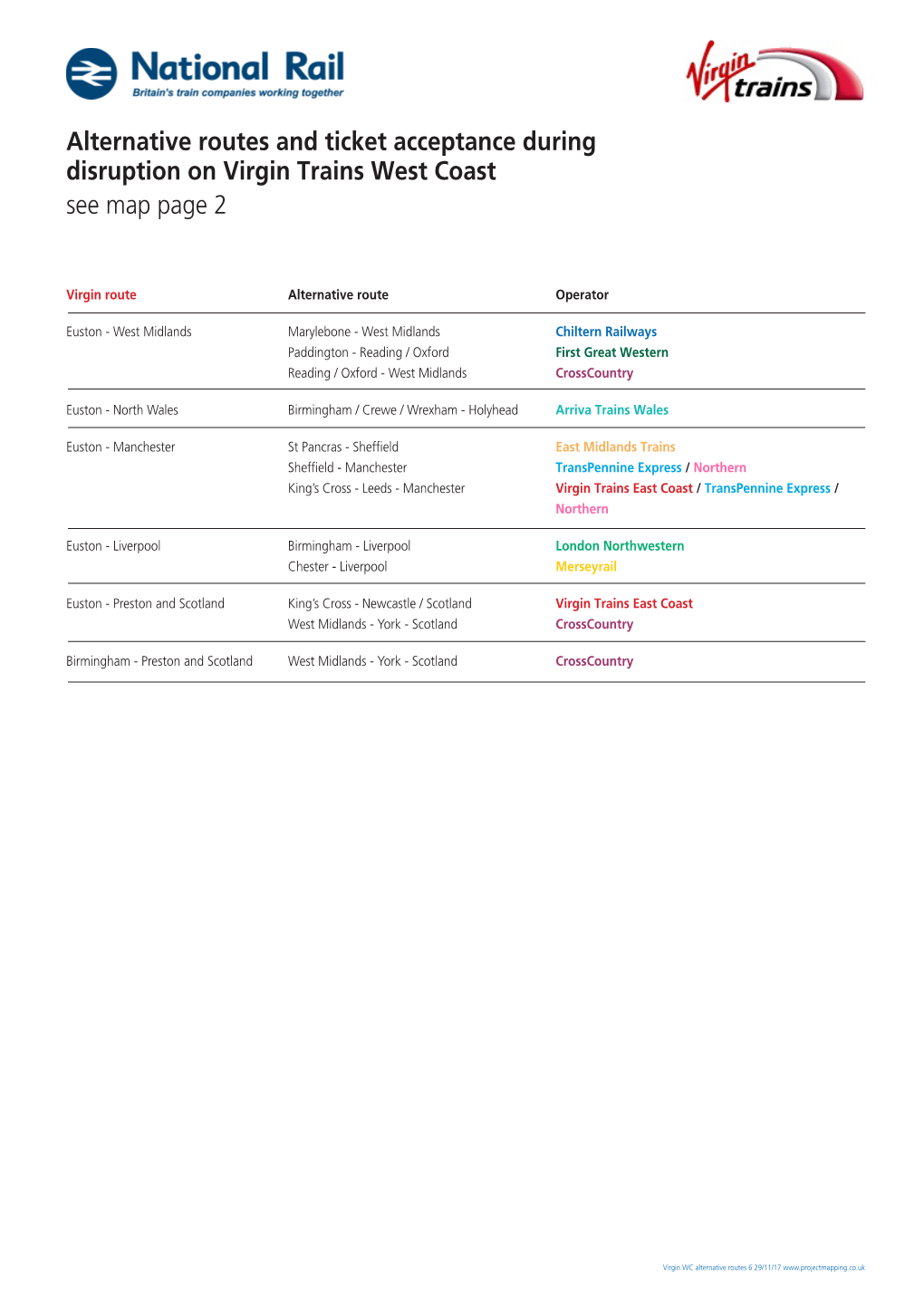 Alternative Routes and Ticket Acceptance During Disruption on Virgin Trains West Coast See Map Page 2