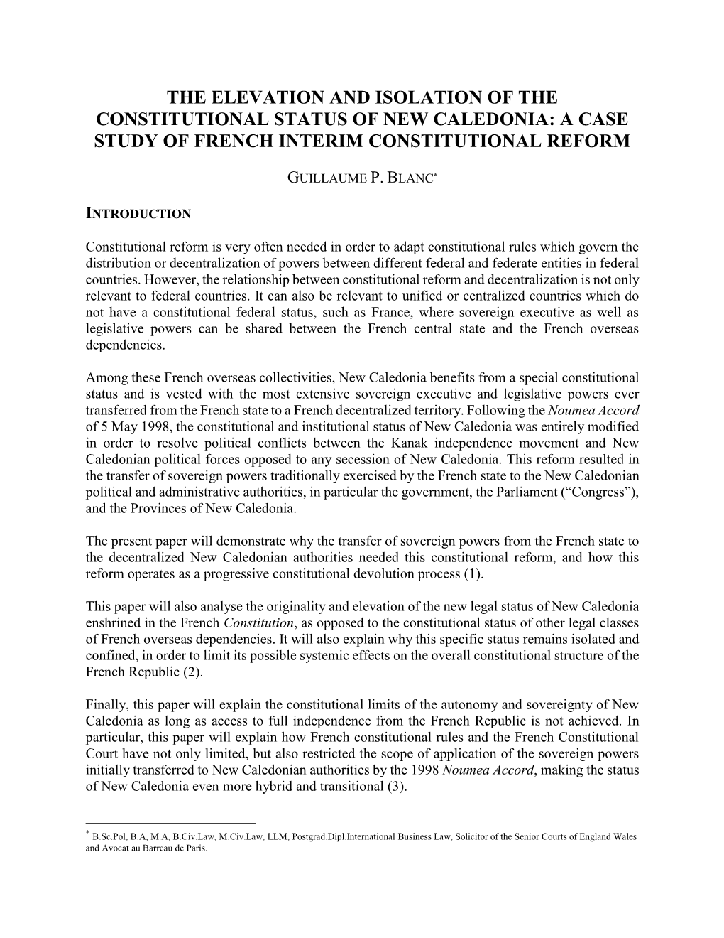 The Elevation and Isolation of the Constitutional Status of New Caledonia: a Case Study of French Interim Constitutional Reform