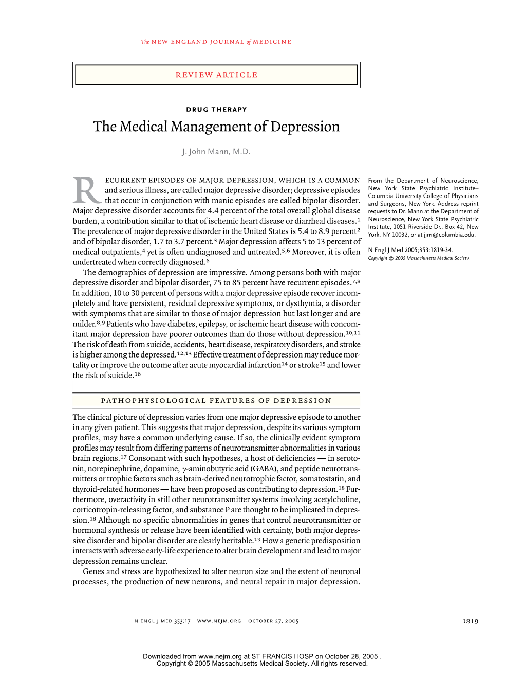 The Medical Management of Depression