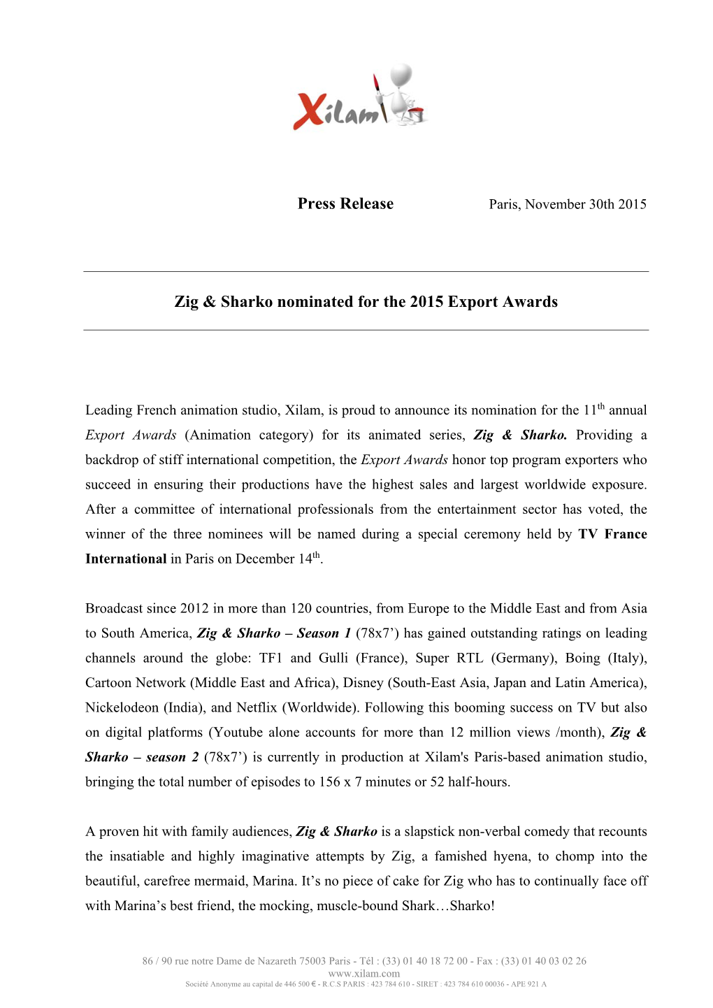 Press Release Zig & Sharko Nominated for the 2015 Export