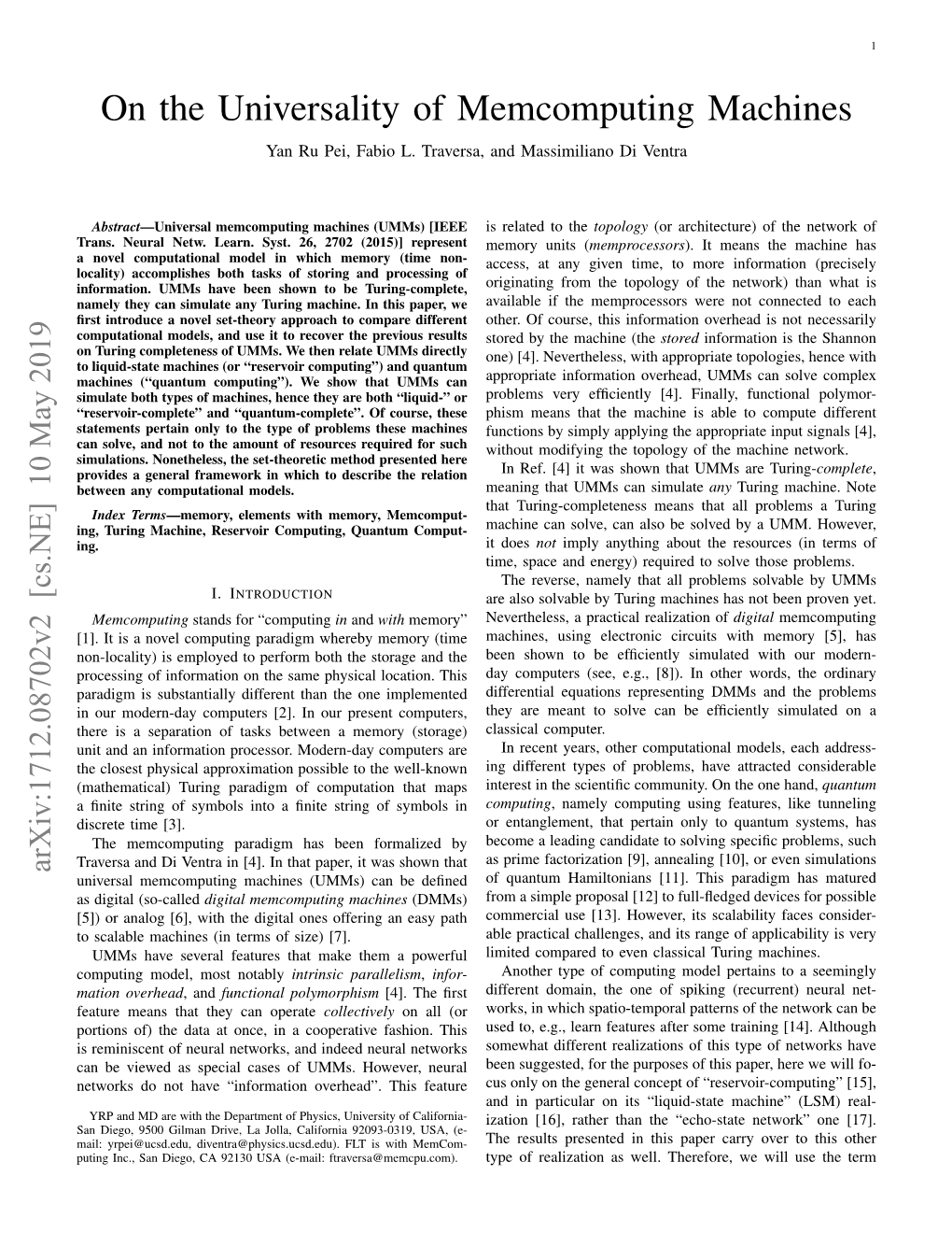 On the Universality of Memcomputing Machines Yan Ru Pei, Fabio L