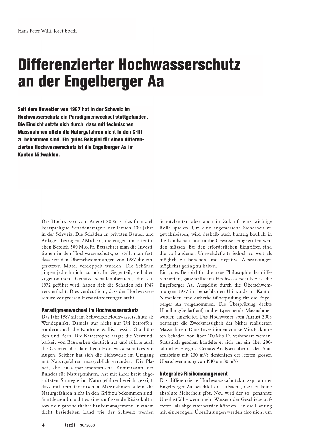 Differenzierter Hochwasserschutz an Der Engelberger Aa