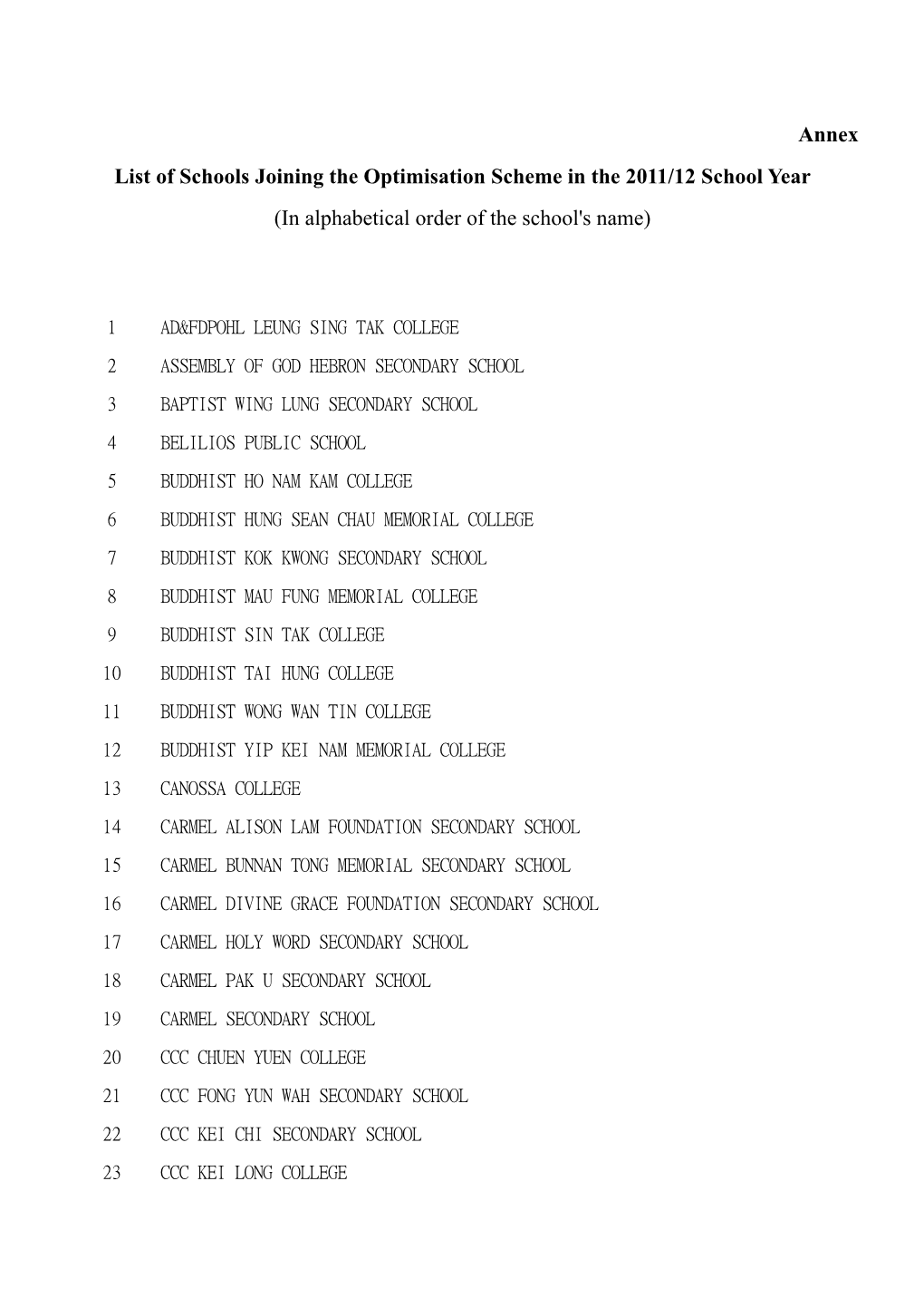 Annex List of Schools Joining the Optimisation Scheme in the 2011