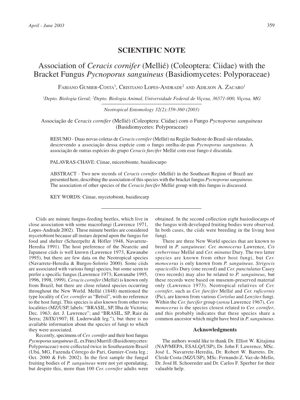 Association of Ceracis Cornifer (Mellié)(Coleoptera: Ciidae) With