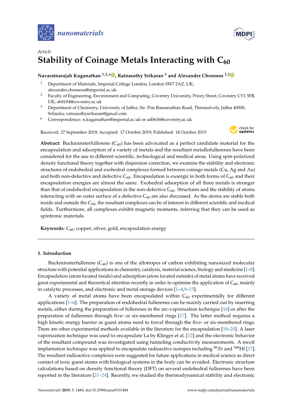 Stability of Coinage Metals Interacting with C60