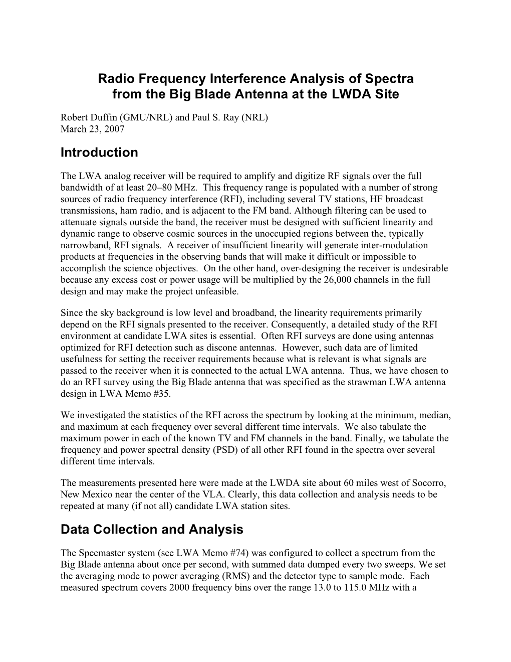 Radio Frequency Interference Analysis of Spectra from the Big Blade Antenna at the LWDA Site