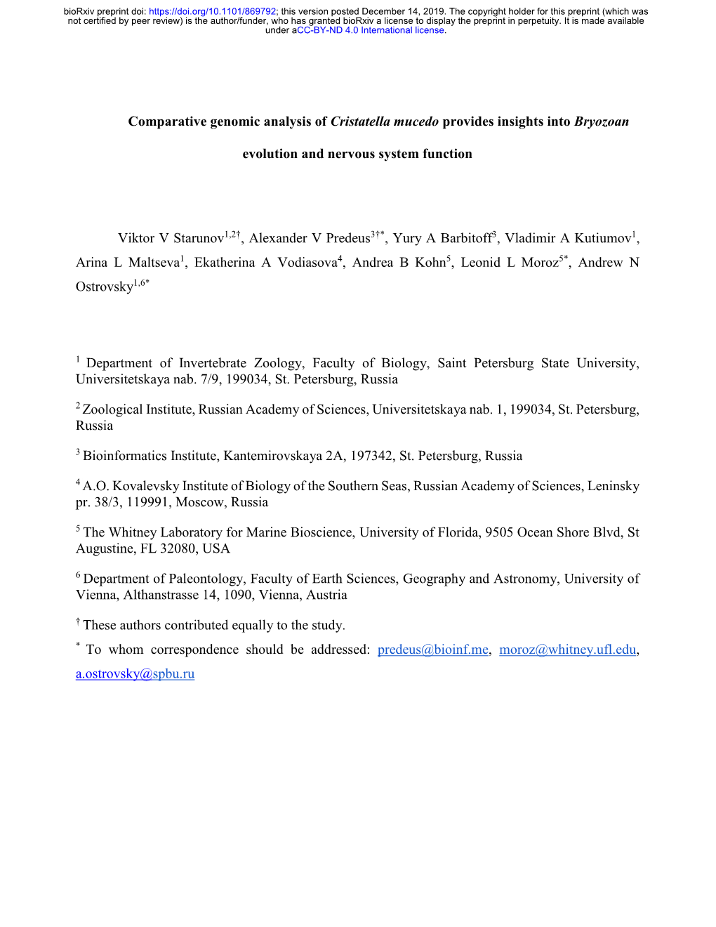 Comparative Genomic Analysis of Cristatella Mucedo Provides Insights Into Bryozoan Evolution and Nervous System Function