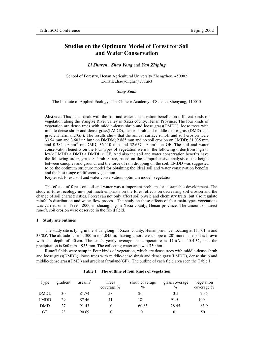 Studies on the Optimum Model of Forest for Soil and Water Conservation